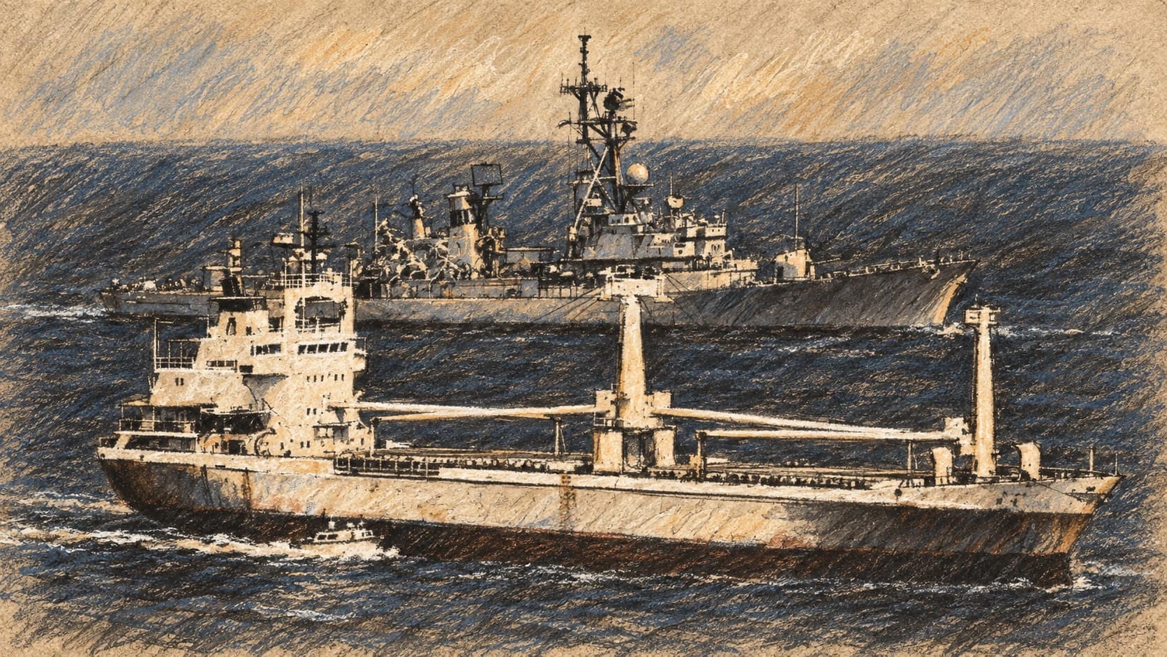 Courtroom-sketch editorial illustration of the cargo ship Zanoobia and a U.S. Navy ship in the Gulf of Oman in 1990, rendered in warm ochre and slate-blue pastel strokes; archival maritime context, not the Cape Dao attack.
