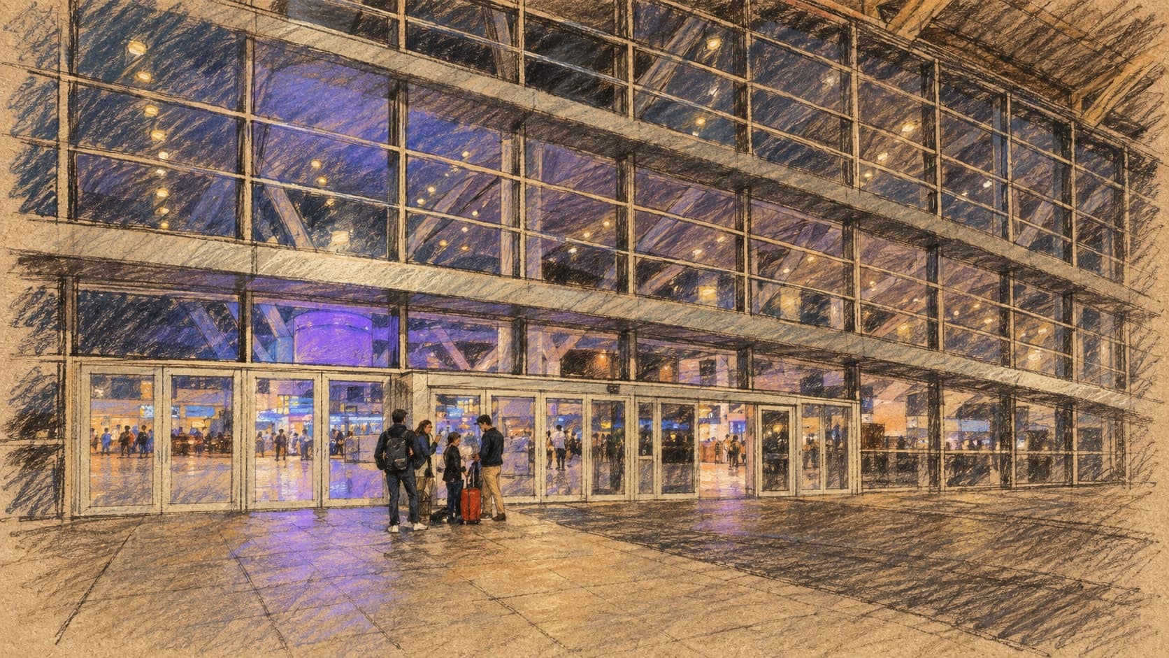 Courtroom-sketch editorial illustration of the glass-fronted entrance to Viracopos-Campinas International Airport, with travelers near its doors at night; contextual airport view, not a depiction of the police raid, rendered in warm ochre and slate-blue pastel strokes.