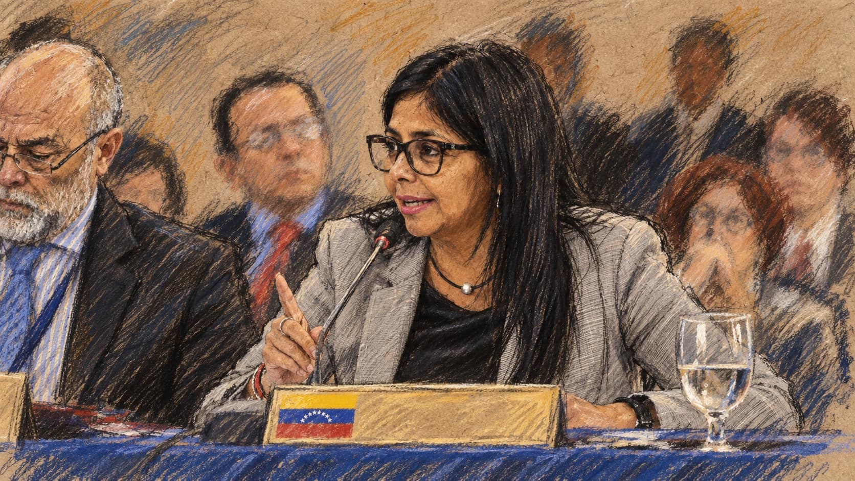 Courtroom-sketch editorial illustration of Delcy Rodríguez, then Venezuela's foreign minister, speaking into a microphone behind a Venezuela nameplate at a 2017 CELAC foreign ministers' meeting in San Salvador; archival context, not a depiction of her September 2026 UN General Assembly speech, rendered in warm ochre and slate-blue pastel strokes.