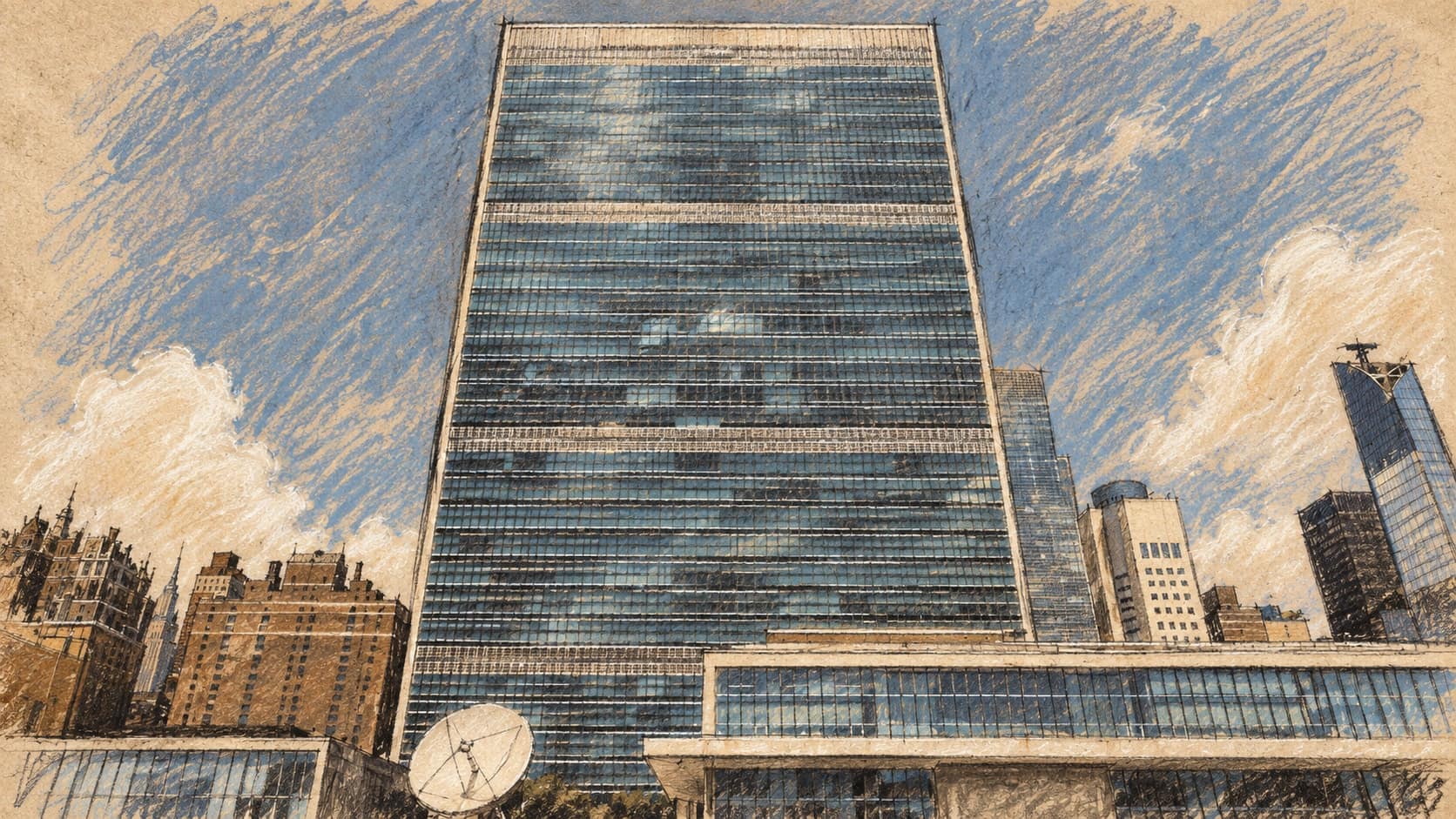 Courtroom-sketch editorial illustration of the glass United Nations Secretariat tower at UN Headquarters in New York, seen from below among Manhattan buildings; archival 2021 view of the General Assembly venue, not a depiction of the September 2026 Costa–Pezeshkian meeting, rendered in warm ochre and slate-blue pastel strokes.