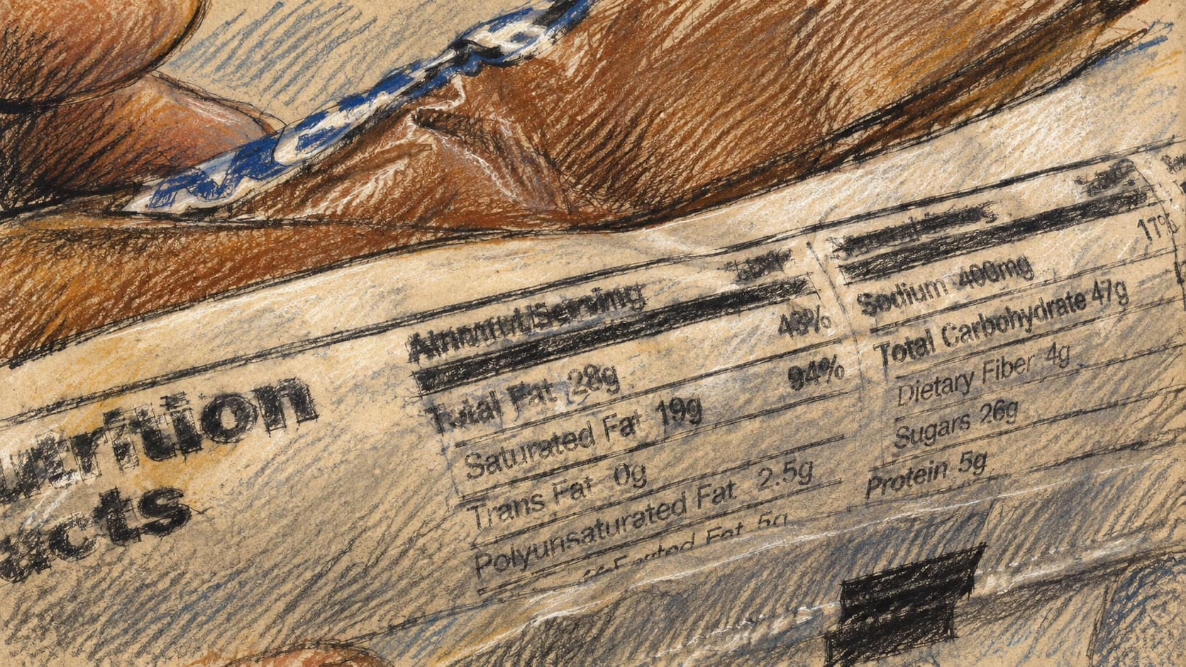 Courtroom-sketch editorial illustration of an archival packaged confection's nutrition facts panel, drawn in warm ochre and slate-blue pastel strokes; contextual labeling art, not FSSAI's September 2026 filing or an Indian food package.
