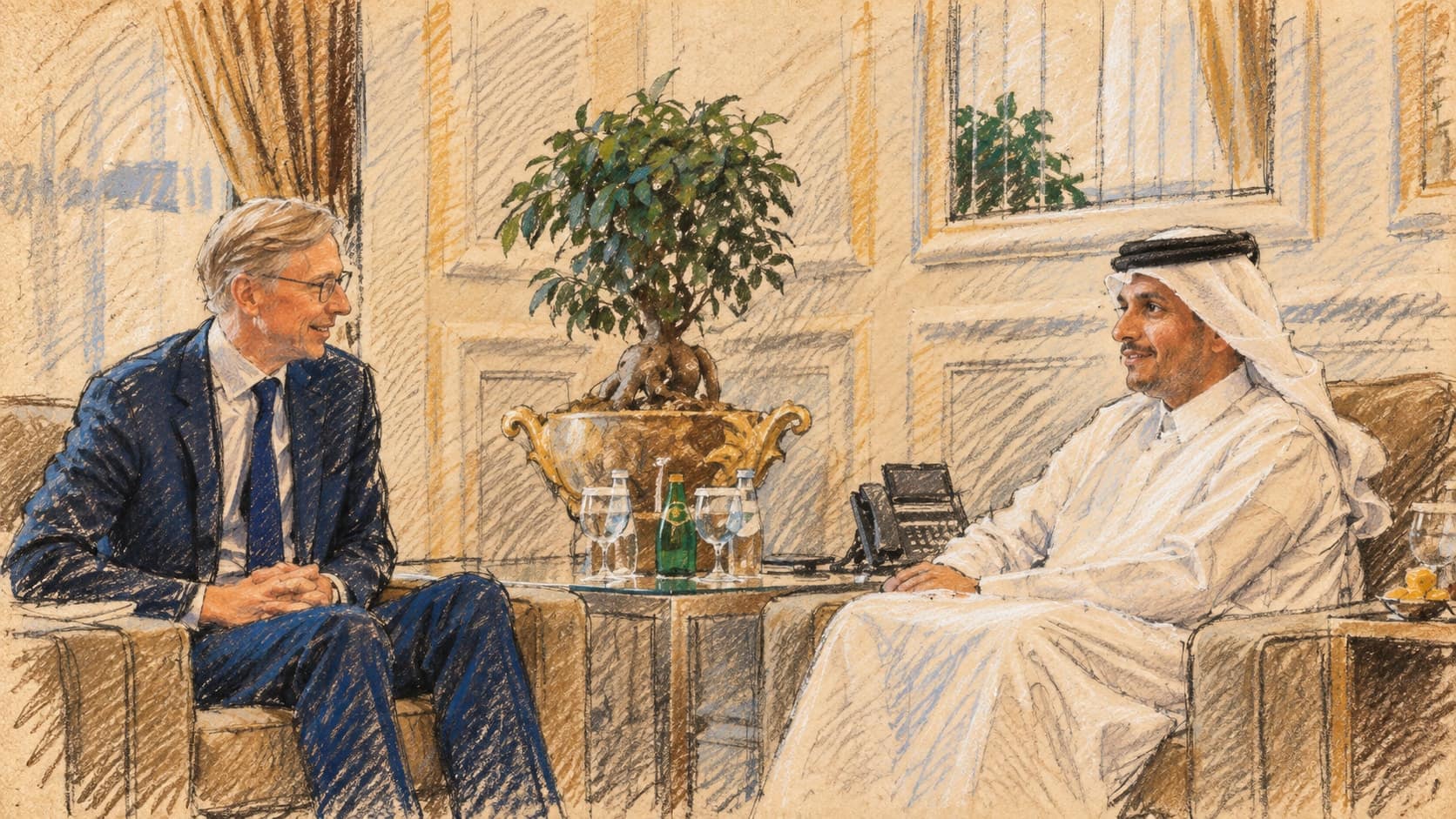 Courtroom-sketch editorial illustration of U.S. Special Representative for Iran Brian Hook meeting Qatari Foreign Minister Mohammed bin Abdulrahman Al Thani in Doha in an archival 2020 scene; it does not depict the reported September 2026 mediation, rendered in warm ochre and slate-blue pastel strokes.