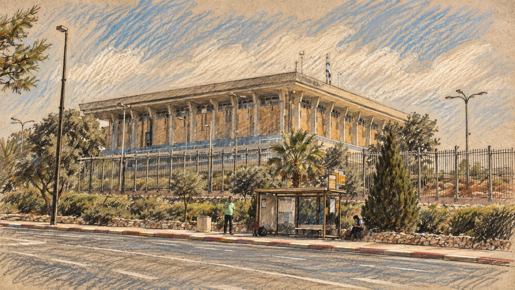 Courtroom-sketch editorial illustration of an archival 2018 exterior view of the Knesset in Jerusalem beyond a perimeter fence, with a bus stop and road in front; institutional context, not a depiction of the September 2026 election panel vote, rendered in warm ochre and slate-blue pastel strokes.