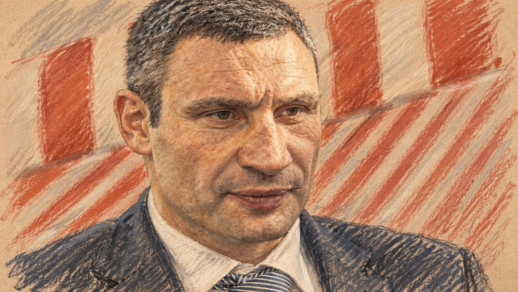 Courtroom-sketch editorial illustration of Kyiv Mayor Vitali Klitschko in a dark suit and striped tie in an archival portrait; it does not depict the September 2026 drone attack, rendered in warm ochre and slate-blue pastel strokes.
