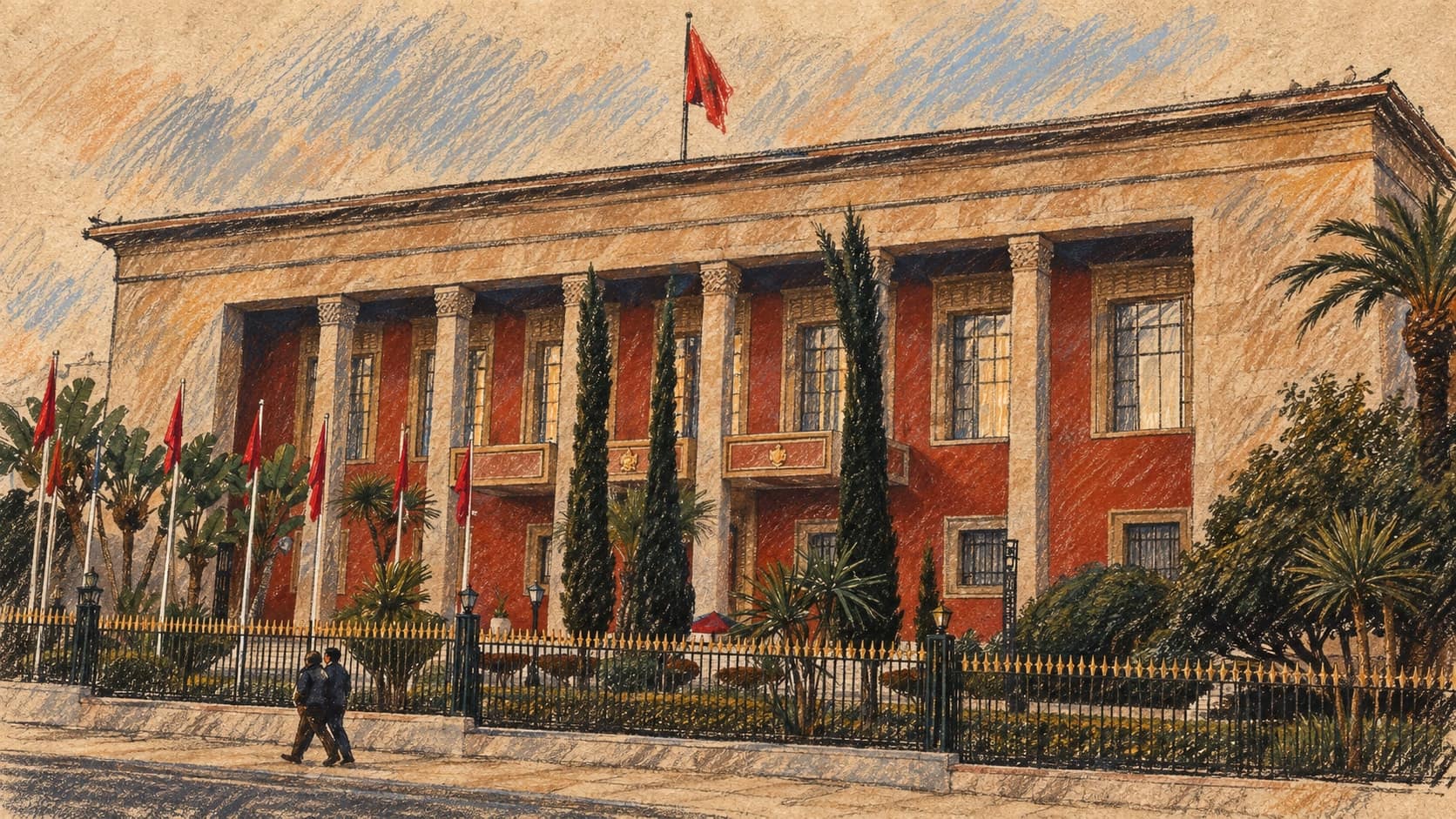 Courtroom-sketch editorial illustration of the Moroccan Parliament building in Rabat, with its flag, fence and trees; archival institutional context that does not depict the September 2026 campaign close or vote, rendered in warm ochre and slate-blue pastel strokes.