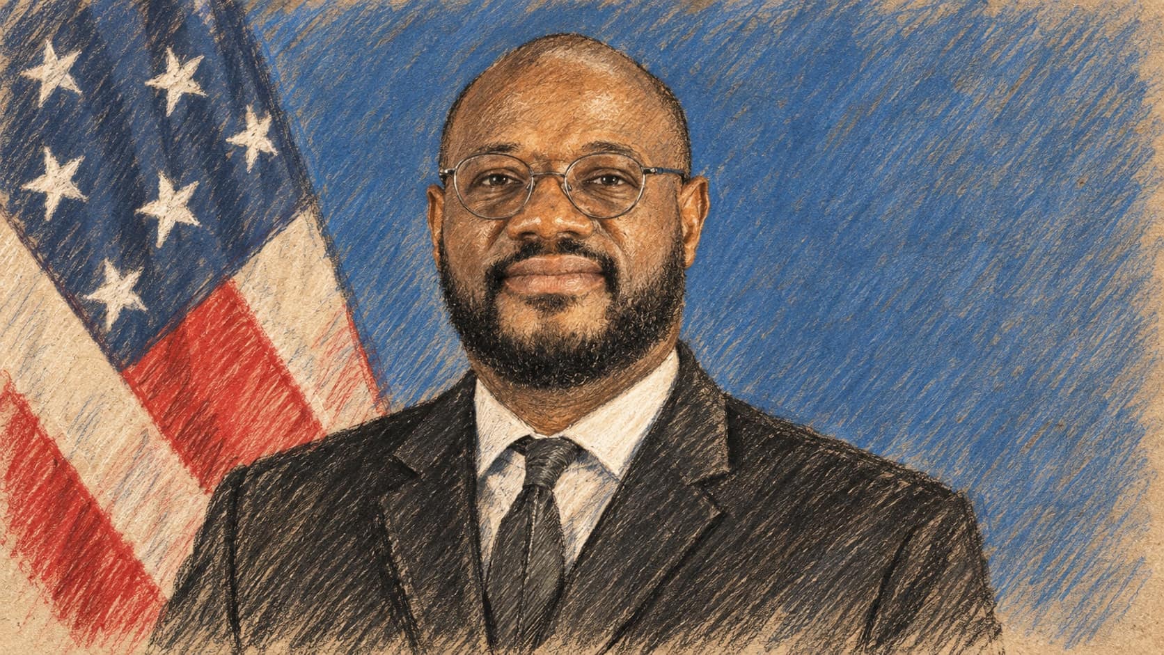 Courtroom-sketch editorial illustration of an archival official portrait of U.S. Ambassador Ervin Massinga in a dark suit before a blue backdrop and U.S. flag; contextual portrait, not the September 2026 statement, rendered in warm ochre and slate-blue pastel strokes.