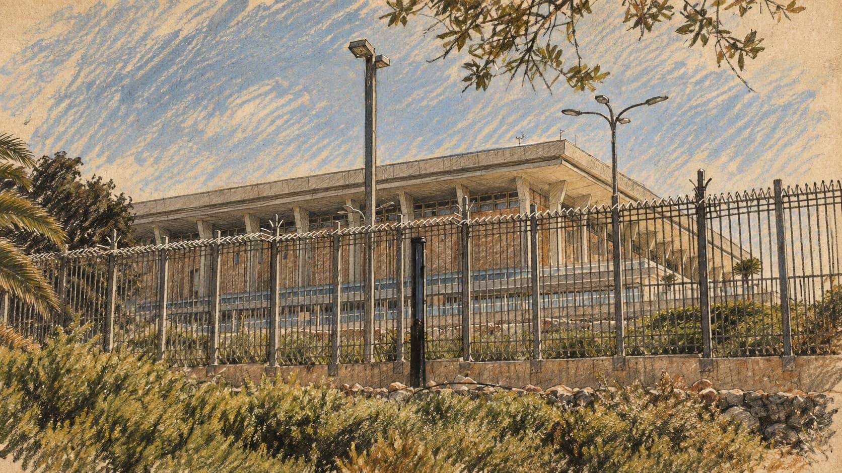 Courtroom-sketch editorial illustration of the Knesset building in Jerusalem seen beyond its perimeter fence; archival exterior context from 2018, not the September 2026 Yisrael Beytenu announcement, rendered in warm ochre and slate-blue pastel strokes.