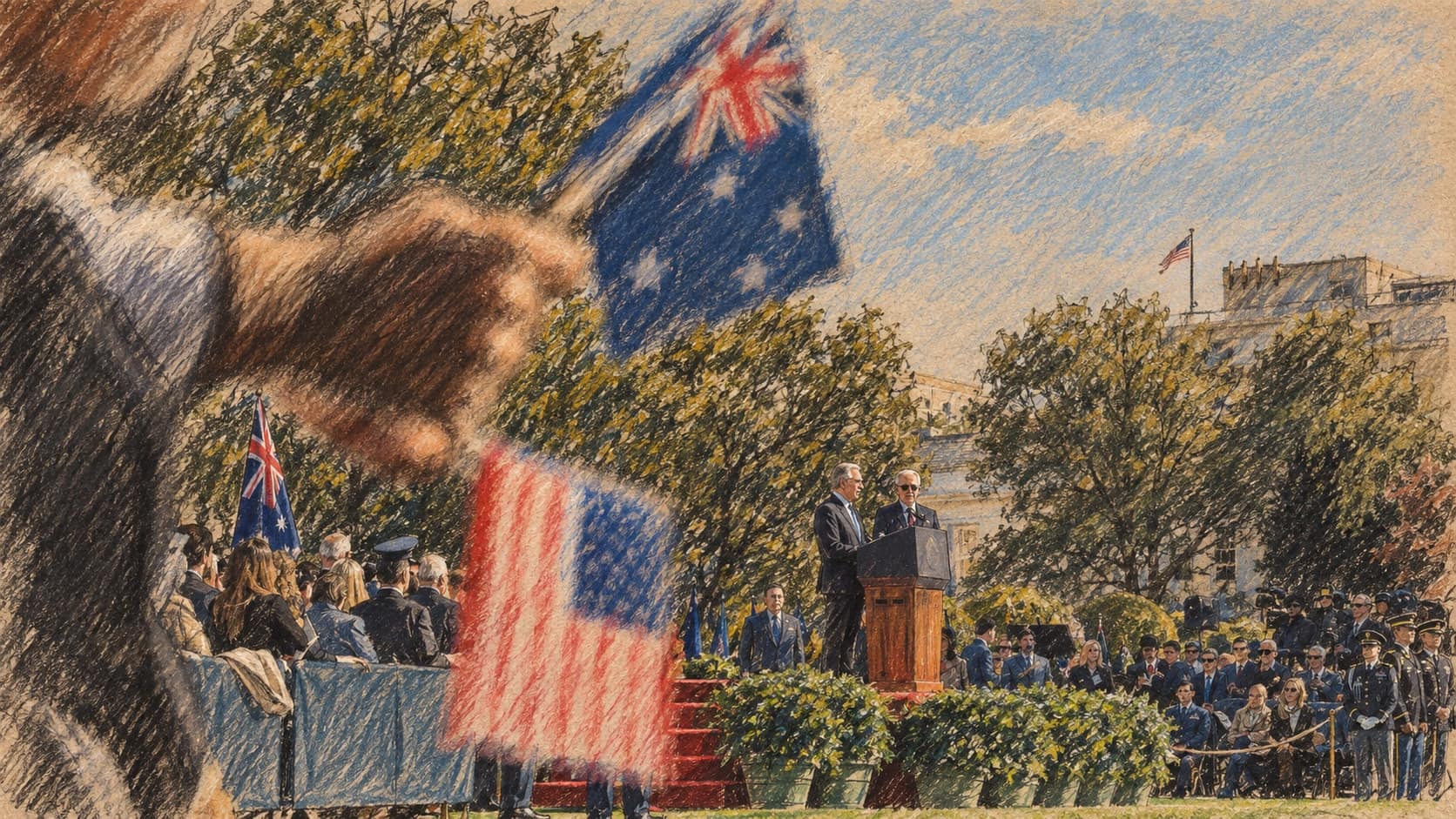 Courtroom-sketch editorial illustration of Australian Prime Minister Anthony Albanese speaking at an outdoor lectern during a 2023 White House ceremony, as a crowd waves Australian and American flags, an archival context image for his 2026 UN General Assembly address, rendered in warm ochre and slate-blue pastel strokes.