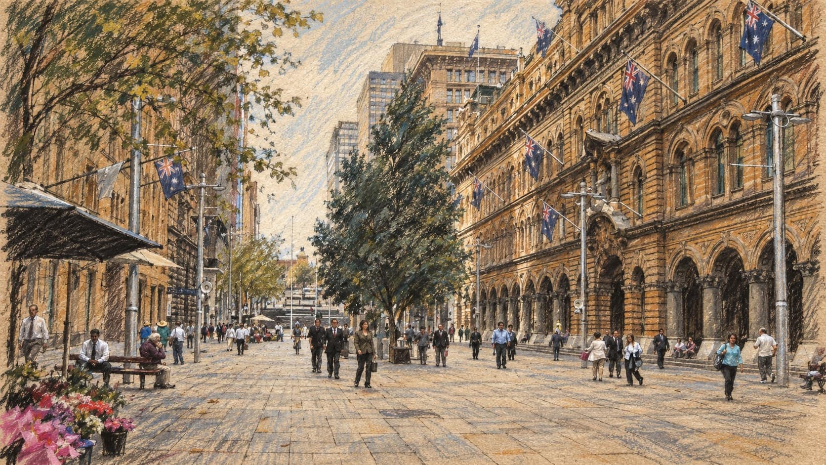 Courtroom-sketch editorial illustration of office workers and shoppers crossing Martin Place, a pedestrian plaza in Sydney's central business district lined by a flag-hung sandstone arcade; contextual street scene of Australian workers, not a depiction of the September 2026 labour force release, rendered in warm ochre and slate-blue pastel strokes.