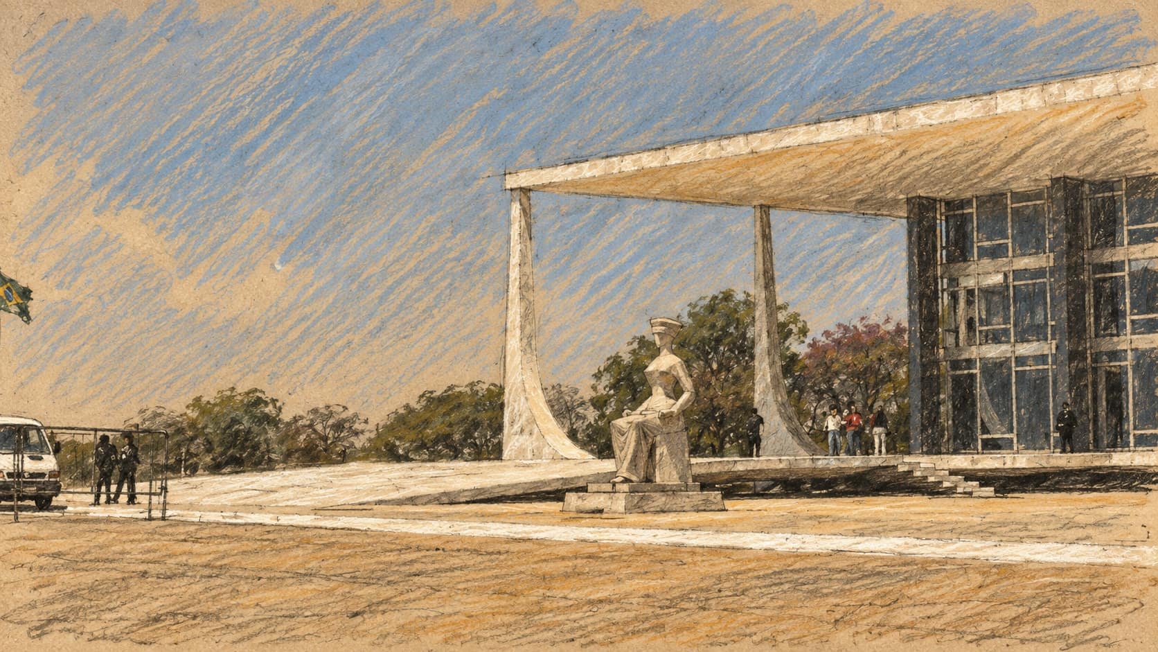 Courtroom-sketch editorial illustration of the seated blindfolded Justice statue before the curved white columns and glass facade of Brazil's Supreme Federal Court in Brasília, redrawn from a 2007 public-domain photograph; institutional context, not a depiction of Jair Bolsonaro, his lawyers or the September 2026 filing, rendered in warm ochre and slate-blue pastel strokes.