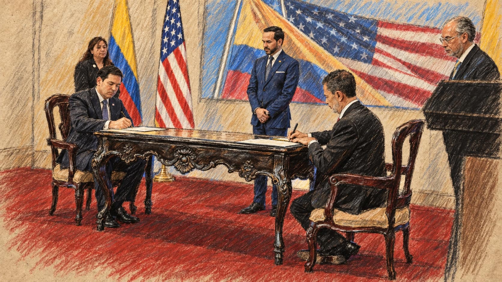 Courtroom-sketch editorial illustration of an earlier September 8, 2026 signing ceremony in Barranquilla, where Colombian President Abelardo De la Espriella and Foreign Minister Omar Bula Escobar hosted U.S. Secretary of State Marco Rubio, with officials signing documents at an ornate carved desk on a red carpet before Colombian and U.S. flags; archival context, not the September 24 announcement on Iran, rendered in warm ochre and slate-blue pastel strokes.