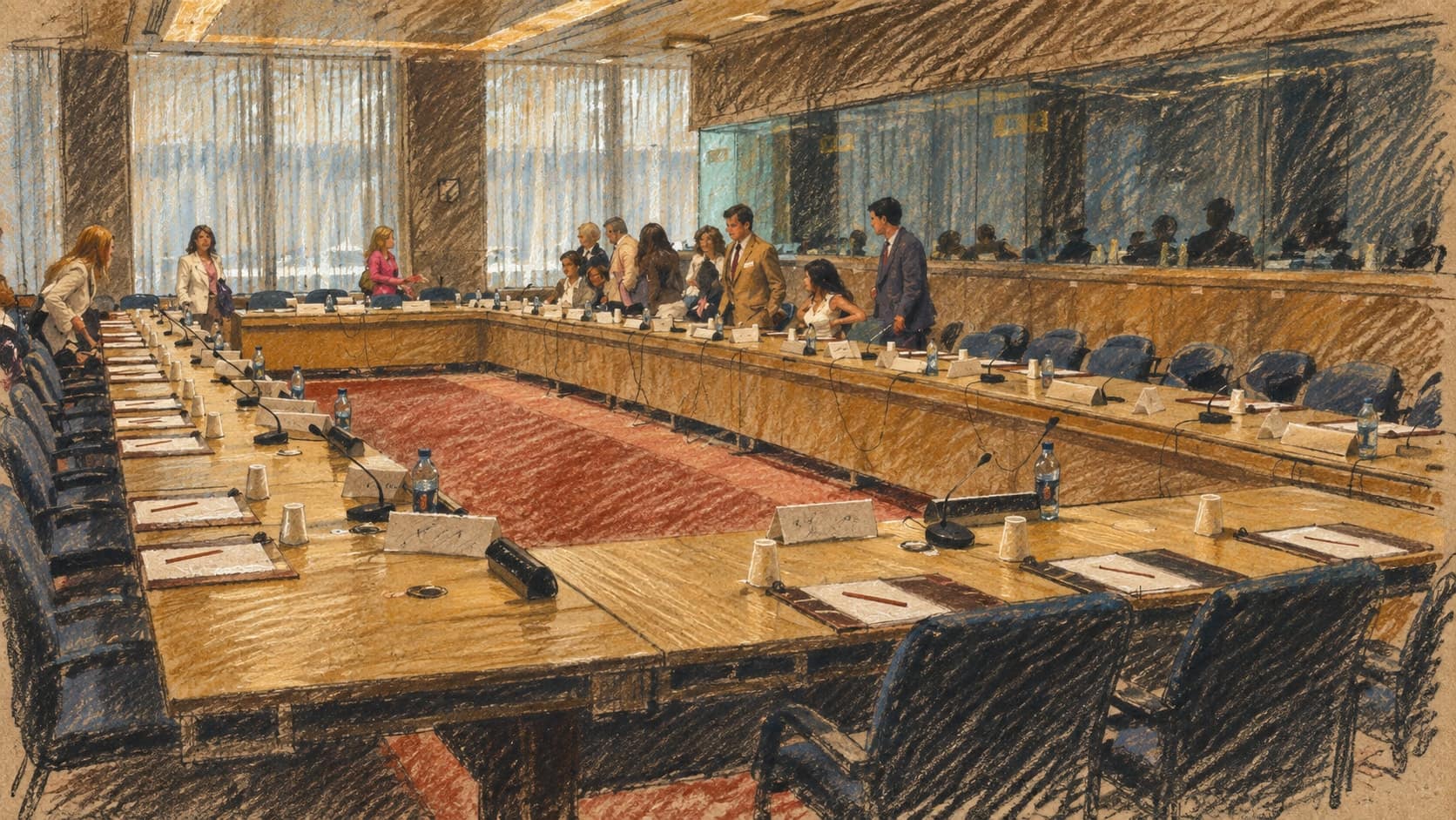 Courtroom-sketch editorial illustration of a Council of the European Union meeting room in Brussels's Justus Lipsius building, with long wooden conference tables around a red carpet, empty chairs, microphones and name plates and a few delegates talking at the far end, redrawn from a 2006 public-domain photograph; institutional context, not a depiction of Xenia Fedorova or the September 2026 sanctions decision, rendered in warm ochre and slate-blue pastel strokes.