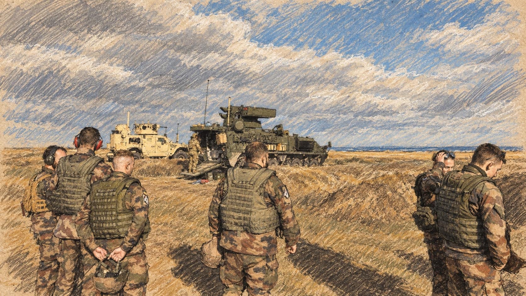 Courtroom-sketch editorial illustration of French soldiers in camouflage and body armor watching an allied short-range air-defense vehicle on a grassy coastal plain, redrawn from a U.S. Army photograph of January 2024 combined air-defense training in Romania; archival context, not a depiction of the Yanbu deployment, rendered in warm ochre and slate-blue pastel strokes.