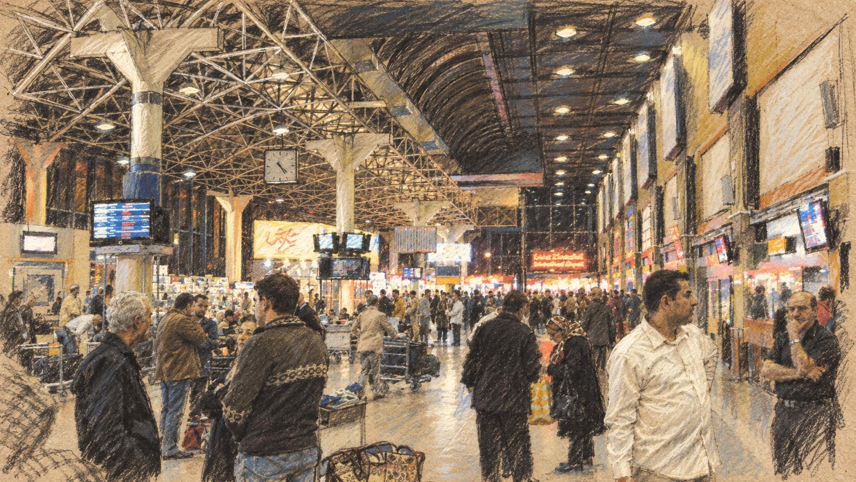 Courtroom-sketch editorial illustration of travelers crowding the departure hall of Tehran's Mehrabad Airport beneath steel roof trusses and flight-information screens; archival 2007 context of an Iranian airport, not a depiction of the September 2026 flight cancellations, rendered in warm ochre and slate-blue pastel strokes.