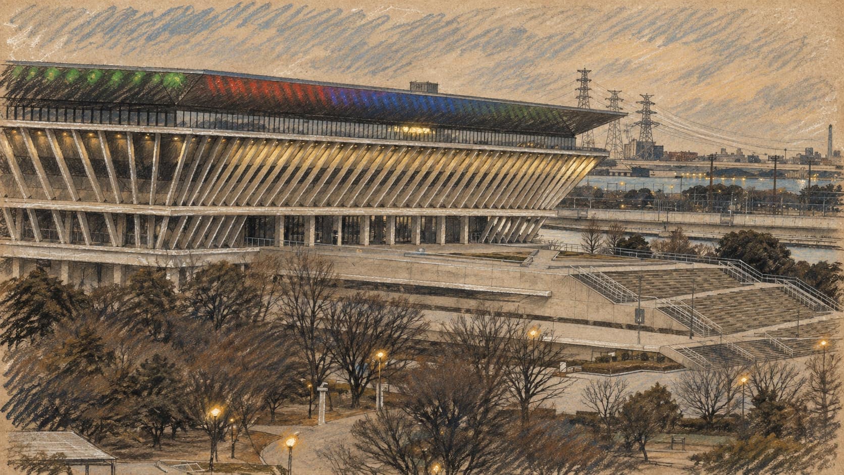 Courtroom-sketch editorial illustration of the Tokyo Aquatics Centre at dusk, its long overhanging roof above slanted white louvers beside a plaza and bare winter trees; a contextual March 2026 view of the venue, not a depiction of Shin Ohashi's world-record race, rendered in warm ochre and slate-blue pastel strokes.
