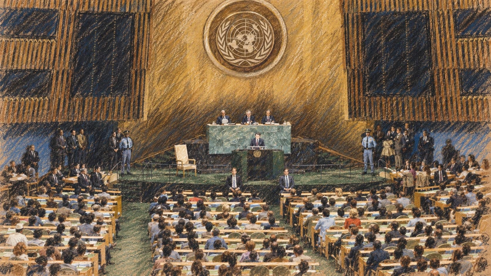 Courtroom-sketch editorial illustration of the United Nations General Assembly Hall in New York seen from behind rows of seated delegates, with a speaker at the green marble rostrum beneath the presiding officers' dais and the tall gold wall; archival 1982 session context, not a depiction of Netanyahu's September 2026 address, rendered in warm ochre and slate-blue pastel strokes.