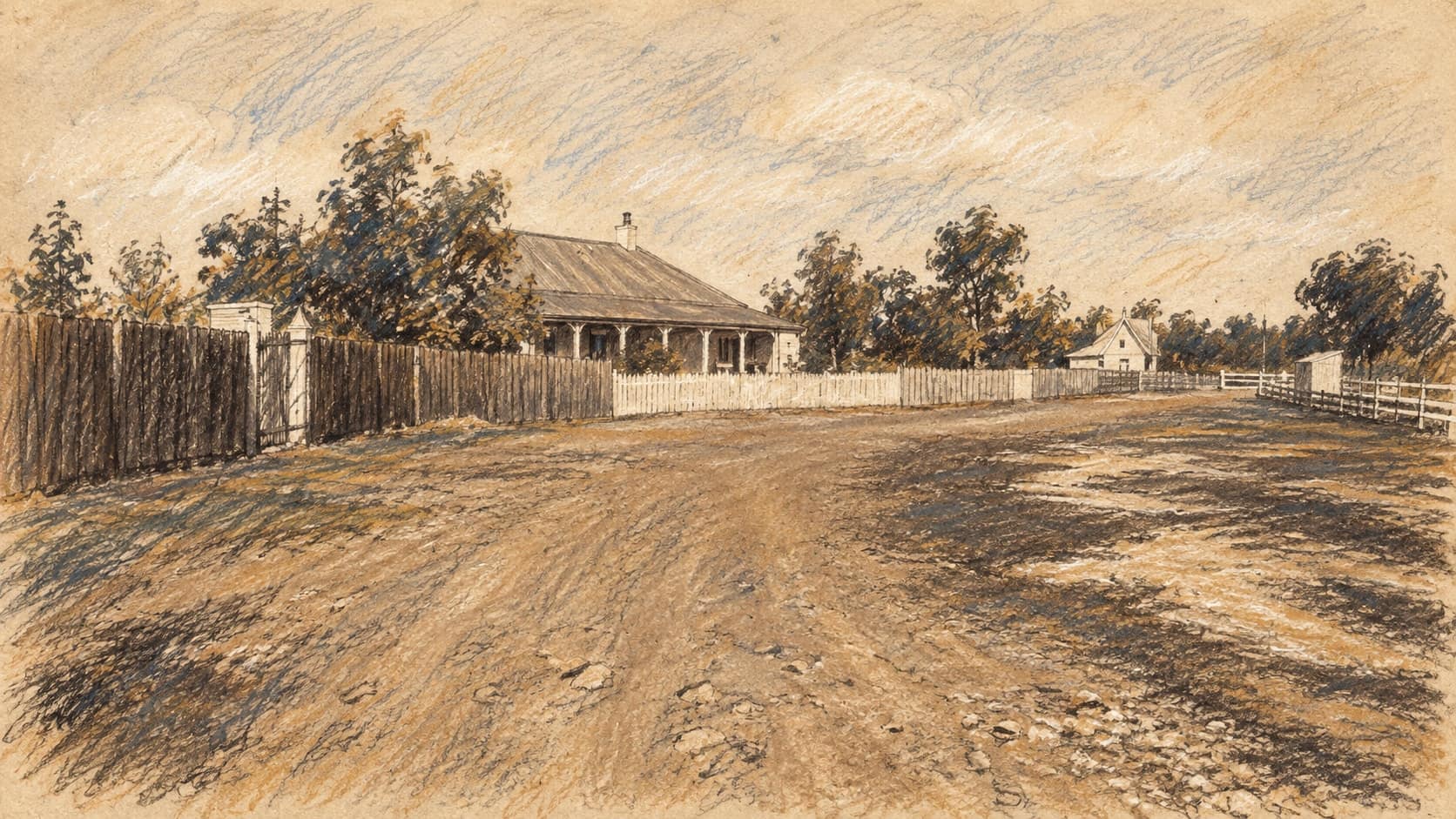 Courtroom-sketch editorial illustration of a quiet unpaved street with timber fences and a verandahed colonial house in Valley Heights in the Blue Mountains, New South Wales, redrawn from an 1880-1900 archival photograph; historical place context, not a depiction of the September 2026 stabbings, the victims or the accused, rendered in warm ochre and slate-blue pastel strokes.