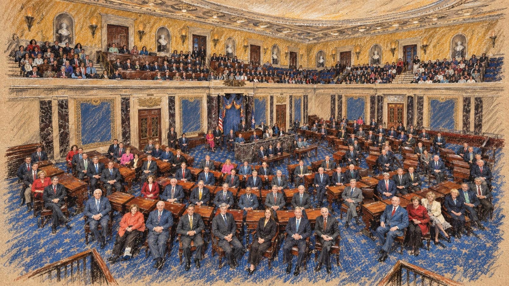 Courtroom-sketch editorial illustration of an archival 2010 official U.S. Senate Photographic Studio class photo of the 111th Senate, with senators seated at wooden desks on the blue-carpeted Senate chamber floor below the rostrum and crowded galleries; shown as institutional context for the Senate chamber, not the September 24, 2026 war powers vote or the senators who cast it, rendered in warm ochre and slate-blue pastel strokes.