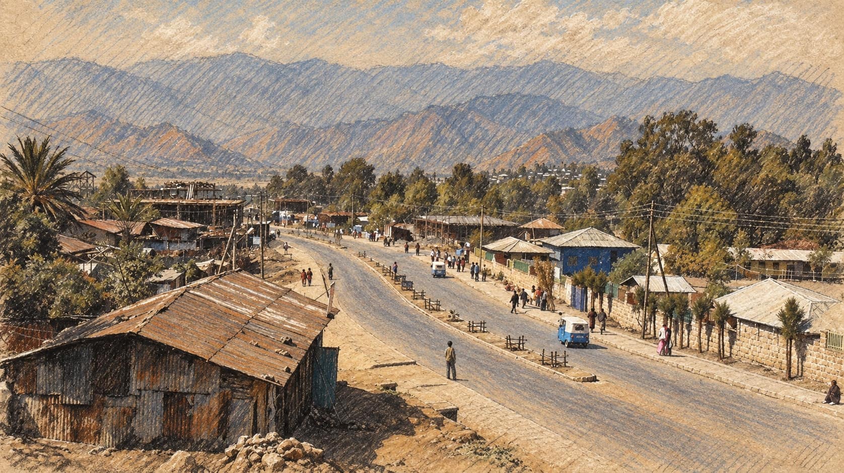 Courtroom-sketch editorial illustration of a wide road curving through the northern Ethiopian town of Woldia beneath hazy mountain ranges, with a tin-roofed house and roadside shops; archival 2011 context of Woldia, not a depiction of the September 2026 fighting, rendered in warm ochre and slate-blue pastel strokes.