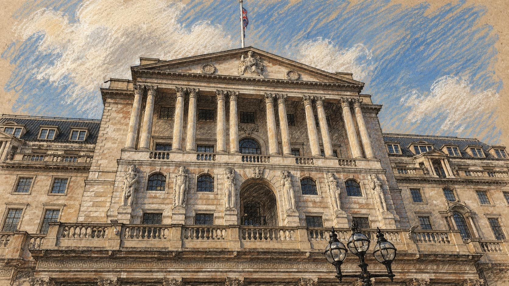 Courtroom-sketch editorial illustration of the columned stone facade of the Bank of England on Threadneedle Street in the City of London, with a flag on the roof and an ornate street lamp in the foreground; archival October 2021 context for UK sterling banking, not a depiction of the banks' tokenised-deposit transactions, rendered in warm ochre and slate-blue pastel strokes.