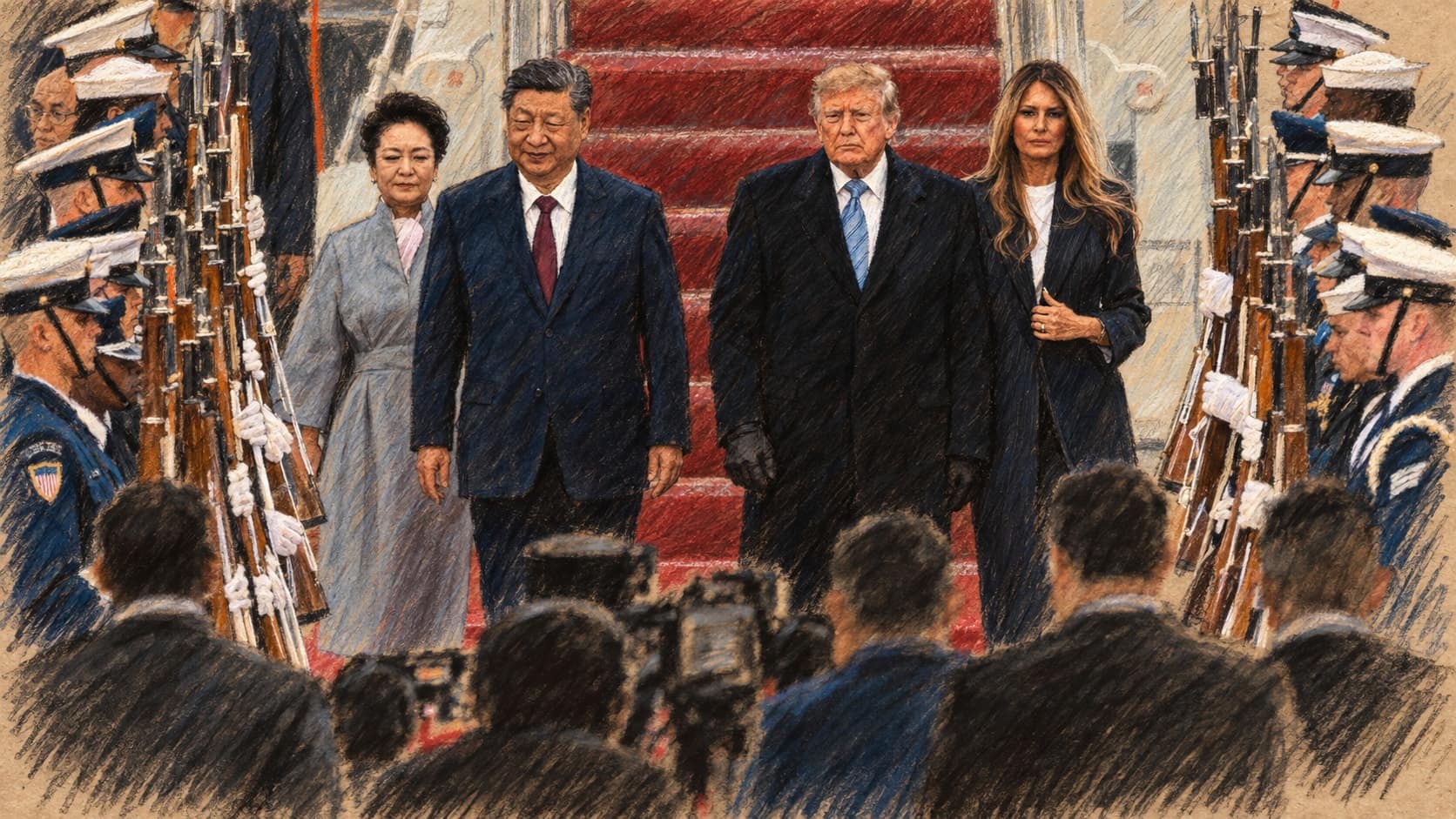 Courtroom-sketch editorial illustration of Chinese President Xi Jinping and Madame Peng Liyuan walking a red carpet with U.S. President Donald Trump and First Lady Melania Trump between lines of honor guards at Joint Base Andrews, Maryland, redrawn from a U.S. Air Force photograph of Xi's September 23, 2026 arrival for the state visit, the day before the White House ceremony, rendered in warm ochre and slate-blue pastel strokes.