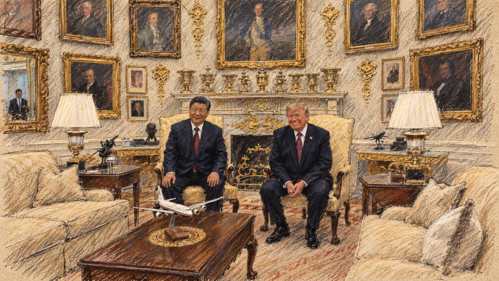 Courtroom-sketch editorial illustration of Chinese President Xi Jinping and U.S. President Donald Trump seated side by side in armchairs before the fireplace of the Oval Office, beneath gilt-framed portraits and between cream sofas, as Trump welcomed Xi to the White House on September 24, 2026, rendered in warm ochre and slate-blue pastel strokes.