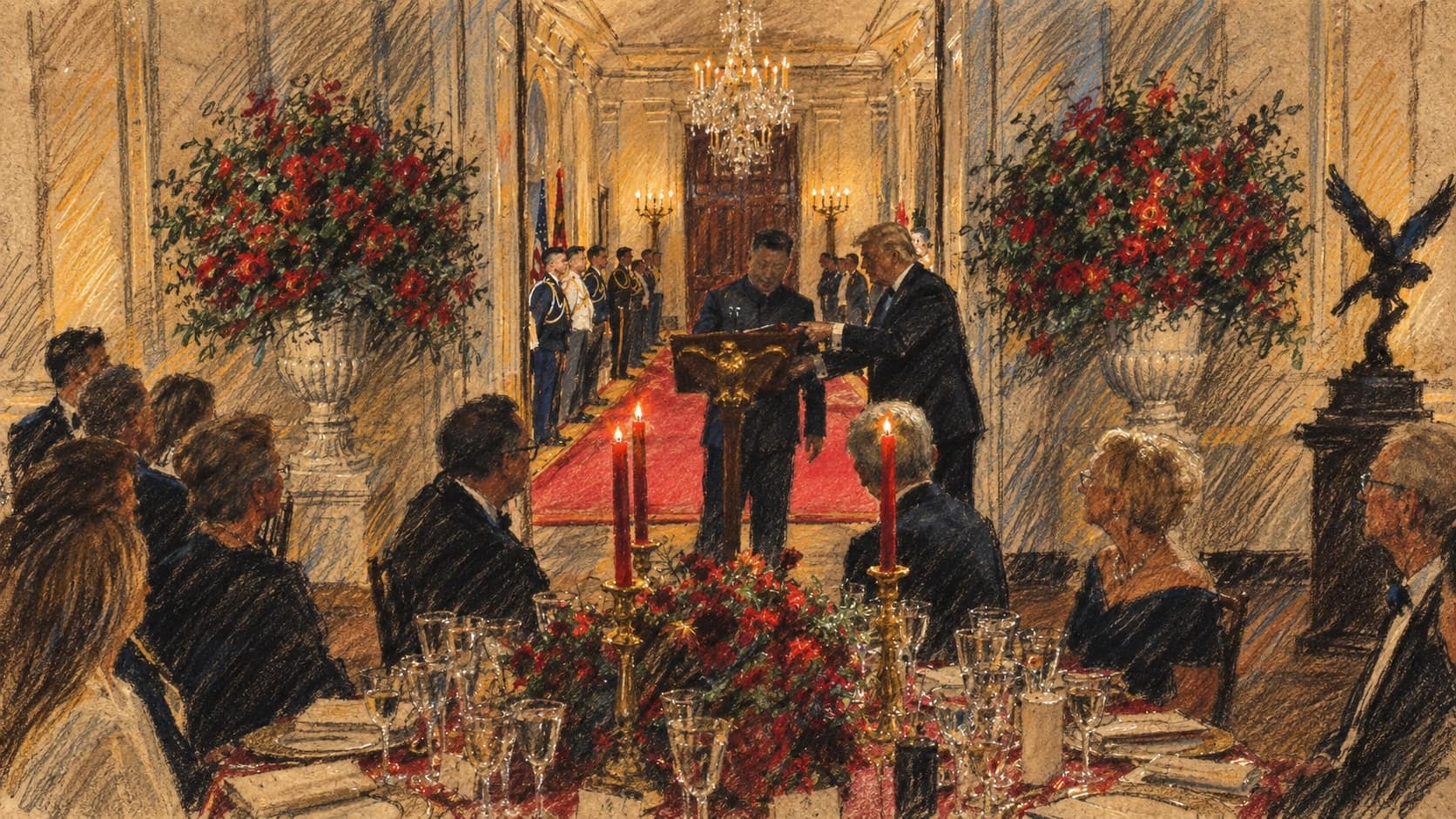 Courtroom-sketch editorial illustration of Chinese President Xi Jinping and U.S. President Donald Trump at a lectern on a red carpet in the candlelit White House East Room during the September 24, 2026 state dinner, with military aides lining the hall, an eagle sculpture at right and seated guests in the foreground, rendered in warm ochre and slate-blue pastel strokes.