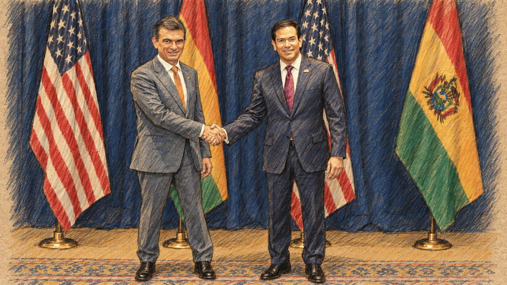 Courtroom-sketch editorial illustration of a September 21, 2026 U.S. State Department photograph of Bolivian President Rodrigo Paz, in a grey suit, shaking hands with U.S. Secretary of State Marco Rubio before a blue curtain flanked by U.S. and Bolivian flags in New York during his UN General Assembly trip; contextual image of Paz's New York visit, not Vice President Edmand Lara's September 25 statement, rendered in warm ochre and slate-blue pastel strokes.
