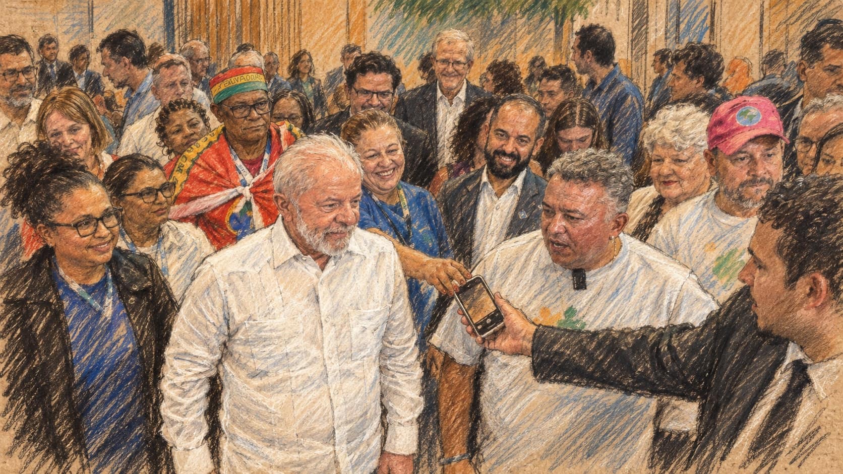 Courtroom-sketch editorial illustration of President Lula in a white shirt amid a crowd at a São Paulo event as a man holds up a smartphone; archival December 2025 context, not the September 2026 betting-ban signing, rendered in warm ochre and slate-blue pastel strokes.