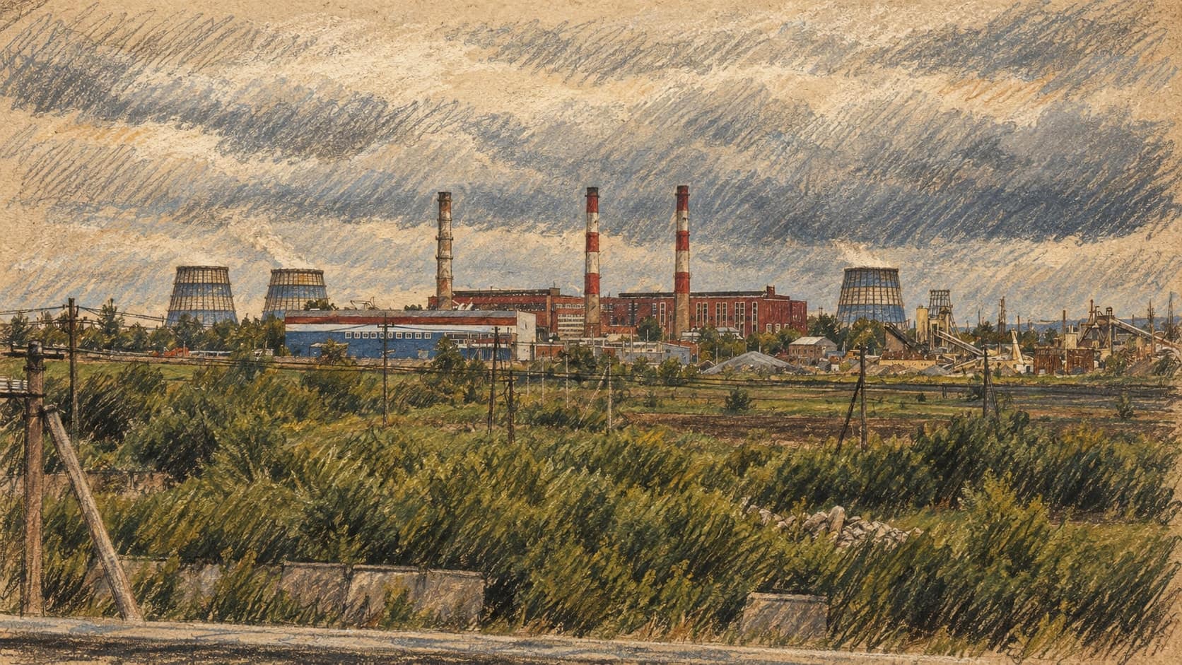 Courtroom-sketch editorial illustration of an archival 2010 view across green scrub toward an industrial skyline in Perm, with striped chimneys, cooling towers and factory buildings; regional context, not the unnamed facility struck in the September 25, 2026 drone attack, rendered in warm ochre and slate-blue pastel strokes.