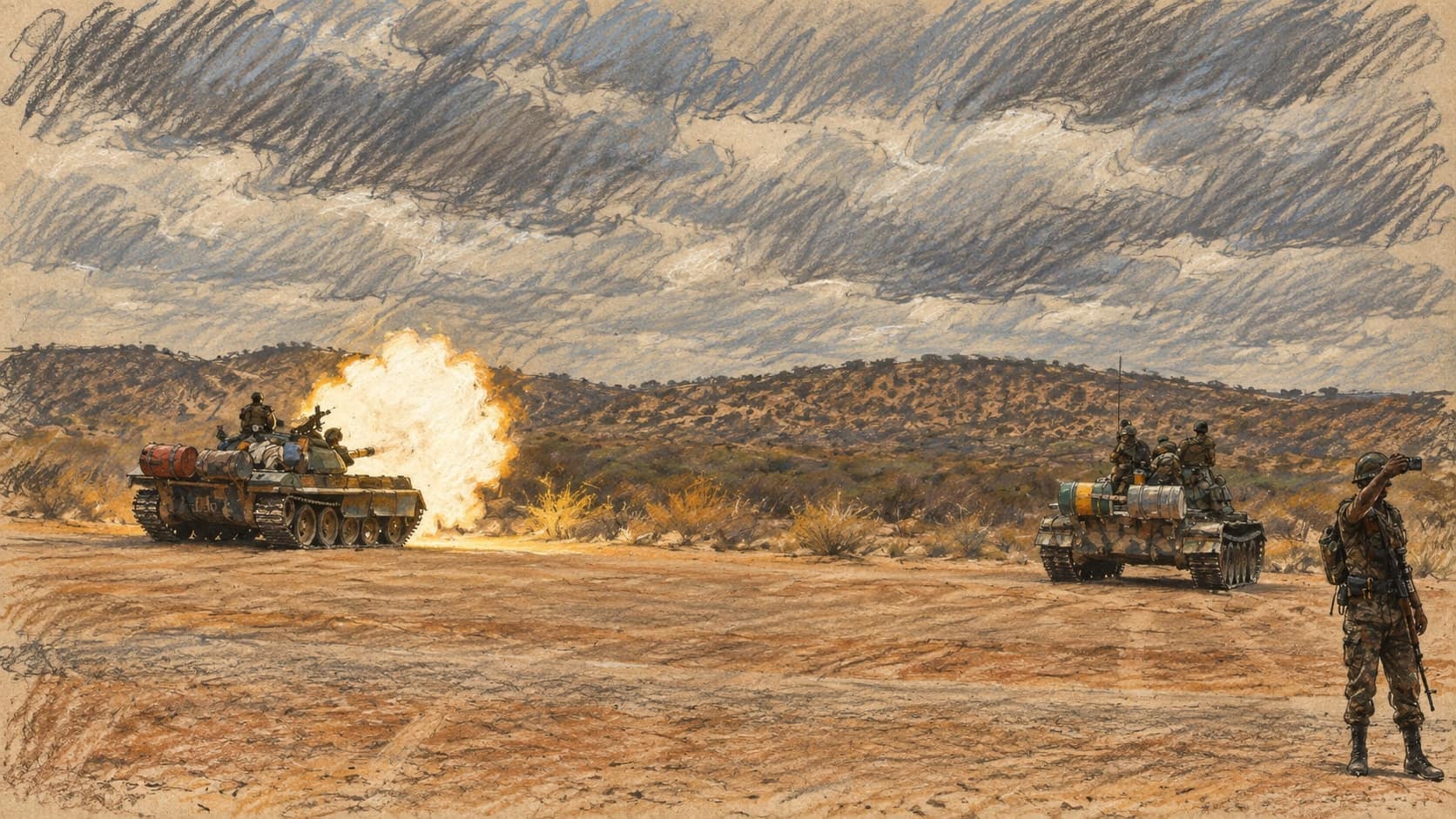 Courtroom-sketch editorial illustration of an archival July 2021 live-fire drill by Ethiopian troops at Beletweyne, Somalia, with one tank firing its main gun beside a second tank carrying soldiers on a dusty plain below scrub-covered hills as a soldier watches in the foreground; context for Ethiopian federal forces, not the September 2026 fighting near Abala, rendered in warm ochre and slate-blue pastel strokes.