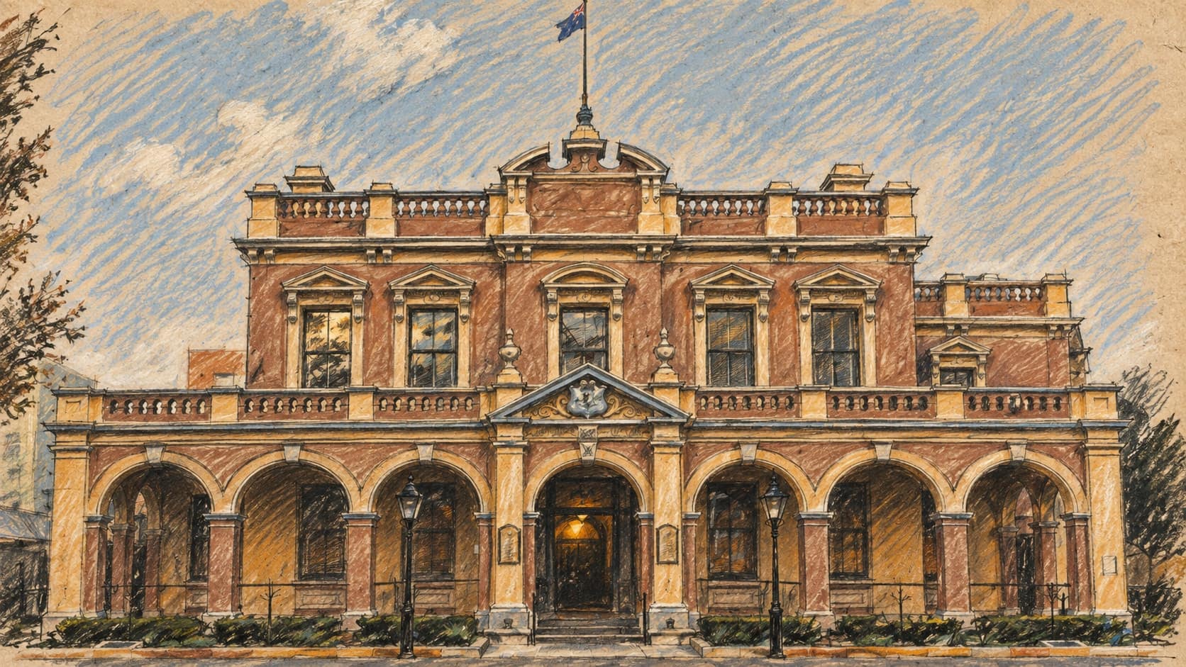 Courtroom-sketch editorial illustration of an archival 2015 front view of Parramatta Town Hall, a two-storey Victorian building with an arched ground-floor arcade, pedimented windows and a rooftop flagpole; civic context for Parramatta in Sydney's west, where the accused is due in court, not the courthouse, the AFP investigation or any person involved, rendered in warm ochre and slate-blue pastel strokes.