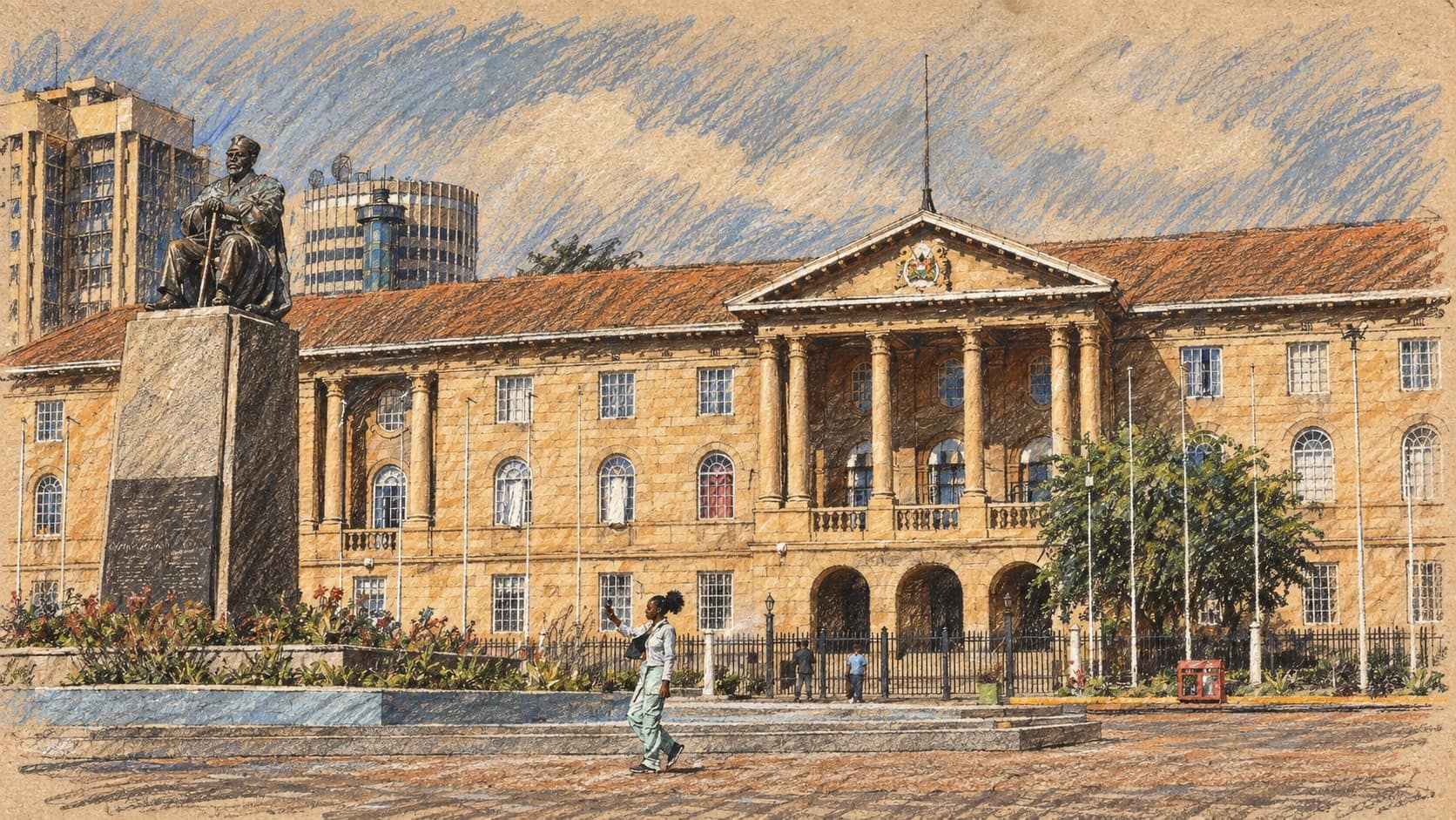 Courtroom-sketch editorial illustration of an archival February 2025 view of the Judiciary of Kenya building in Nairobi, its columned central portico, arched windows and tiled roof facing a paved plaza where a pedestrian walks past the seated Jomo Kenyatta statue on its stone plinth, with office towers behind; institutional context for Kenya's courts, not the September 25, 2026 Court of Appeal ruling on the housing levy, rendered in warm ochre and slate-blue pastel strokes.