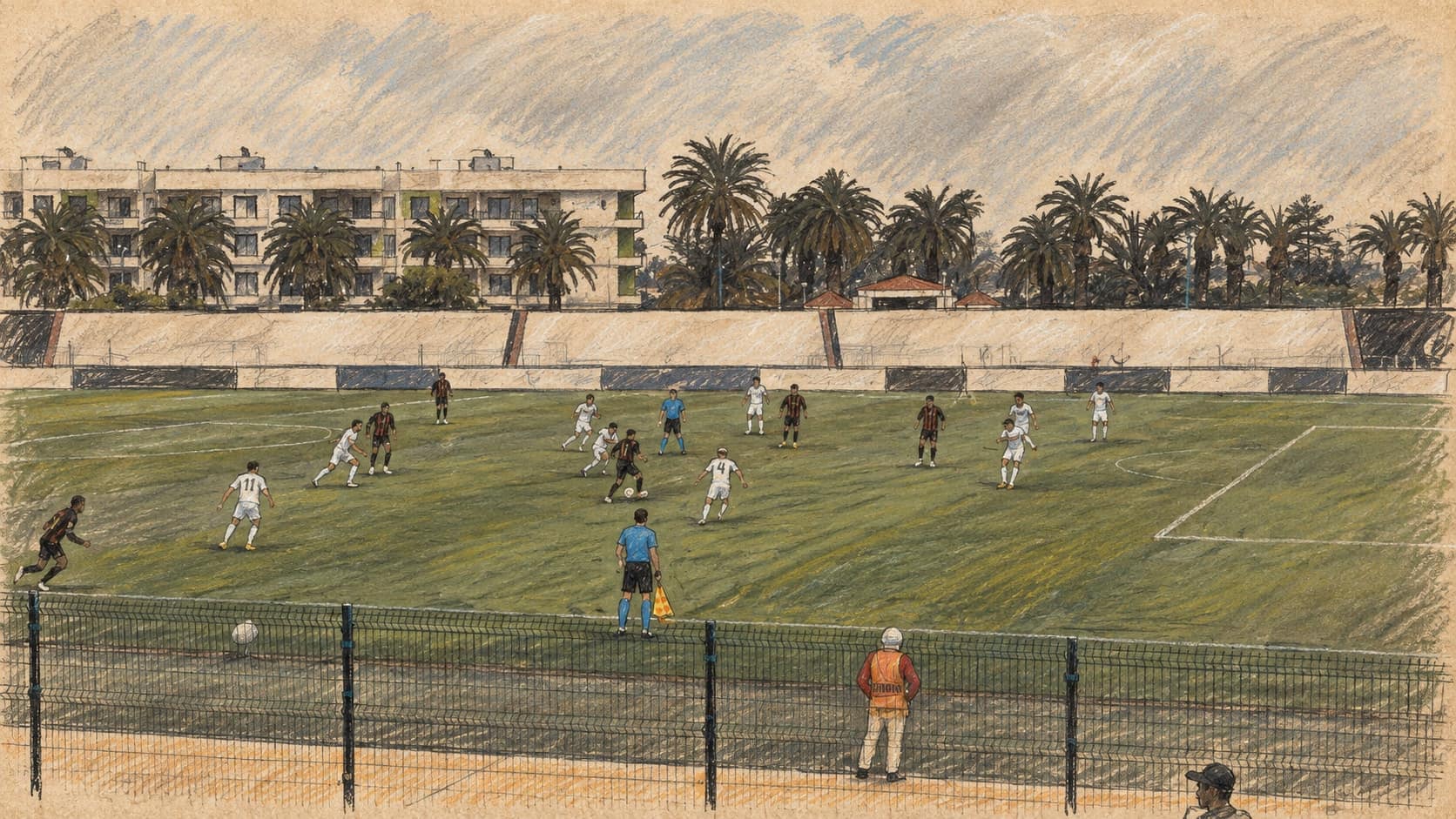 Courtroom-sketch editorial illustration of an archival February 2024 Moroccan Botola Pro match between SC Chabab Mohammédia and Rabat's AS FAR at El Bachir Stadium in Mohammedia, players in white and dark kits across a green pitch behind a low fence, a referee and a steward in the foreground, palm trees and a white apartment block beyond the stand; Moroccan football context, not the September 25, 2026 Morocco v Gabon qualifier in Rabat, rendered in warm ochre and slate-blue pastel strokes.