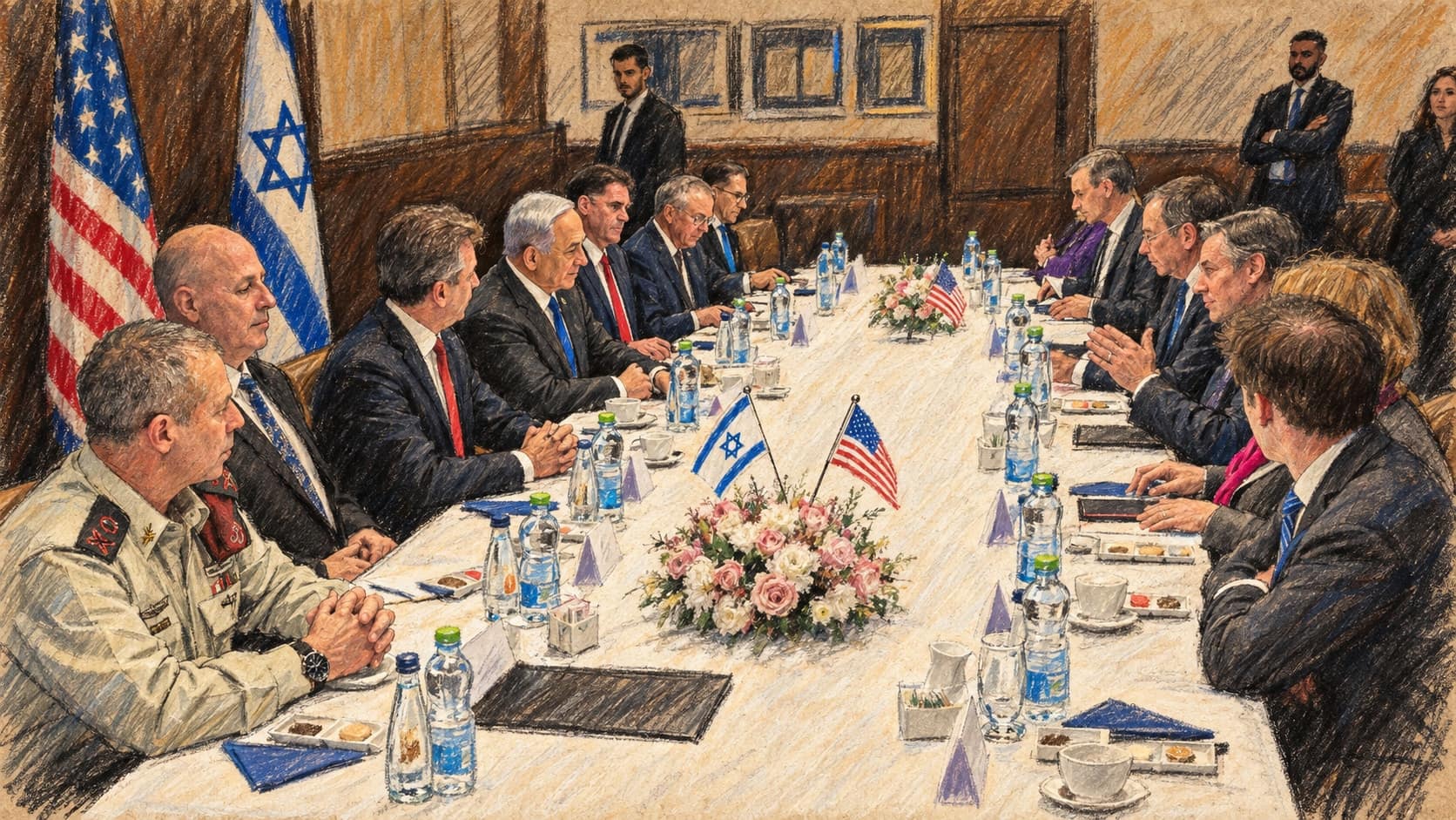 Courtroom-sketch editorial illustration of an archival January 30, 2023 U.S. State Department photograph of Prime Minister Benjamin Netanyahu seated with Israeli officials, including a uniformed military officer, along a long white-clothed conference table with small Israeli and American flags in Jerusalem; contextual image of Netanyahu at a meeting with officials, not the October 1, 2023 security meeting described in the report, rendered in warm ochre and slate-blue pastel strokes.