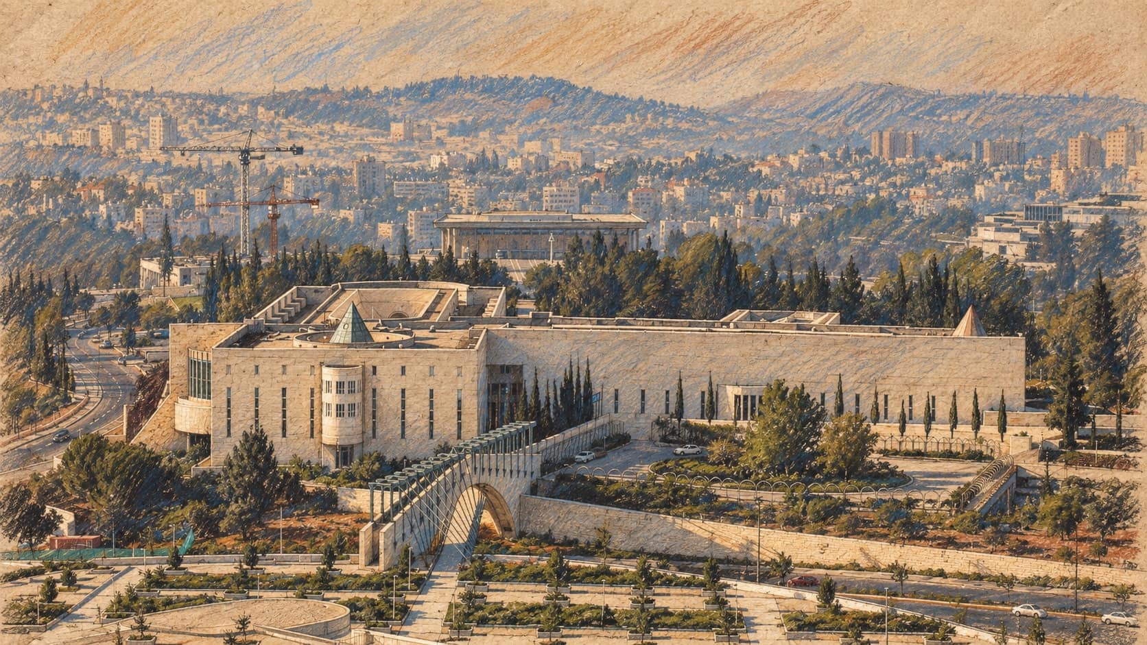 Courtroom-sketch editorial illustration of an archival 2006 elevated view of the pale limestone Supreme Court of Israel building in Jerusalem, with its pyramid-topped cone, arched stone bridge and cypress rows above terraced gardens and the Knesset building in the hazy background; institutional context for the court, not the October 1, 2026 hearing on the election bans or anyone involved, rendered in warm ochre and slate-blue pastel strokes.