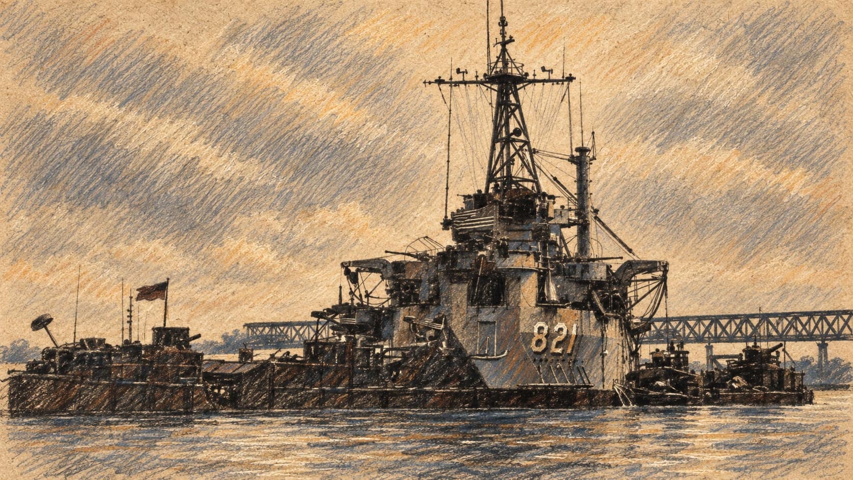 Courtroom-sketch editorial illustration of an archival May 1969 U.S. Navy view of the tank landing ship USS Harnett County, hull number 821, at anchor on a Vietnamese river beside patrol craft and a truss bridge; the same ship later became the Philippine Navy's BRP Sierra Madre, grounded at Ayungin (Second Thomas) Shoal since 1999, shown as historical context rather than the September 24, 2026 resupply mission, rendered in warm ochre and slate-blue pastel strokes.