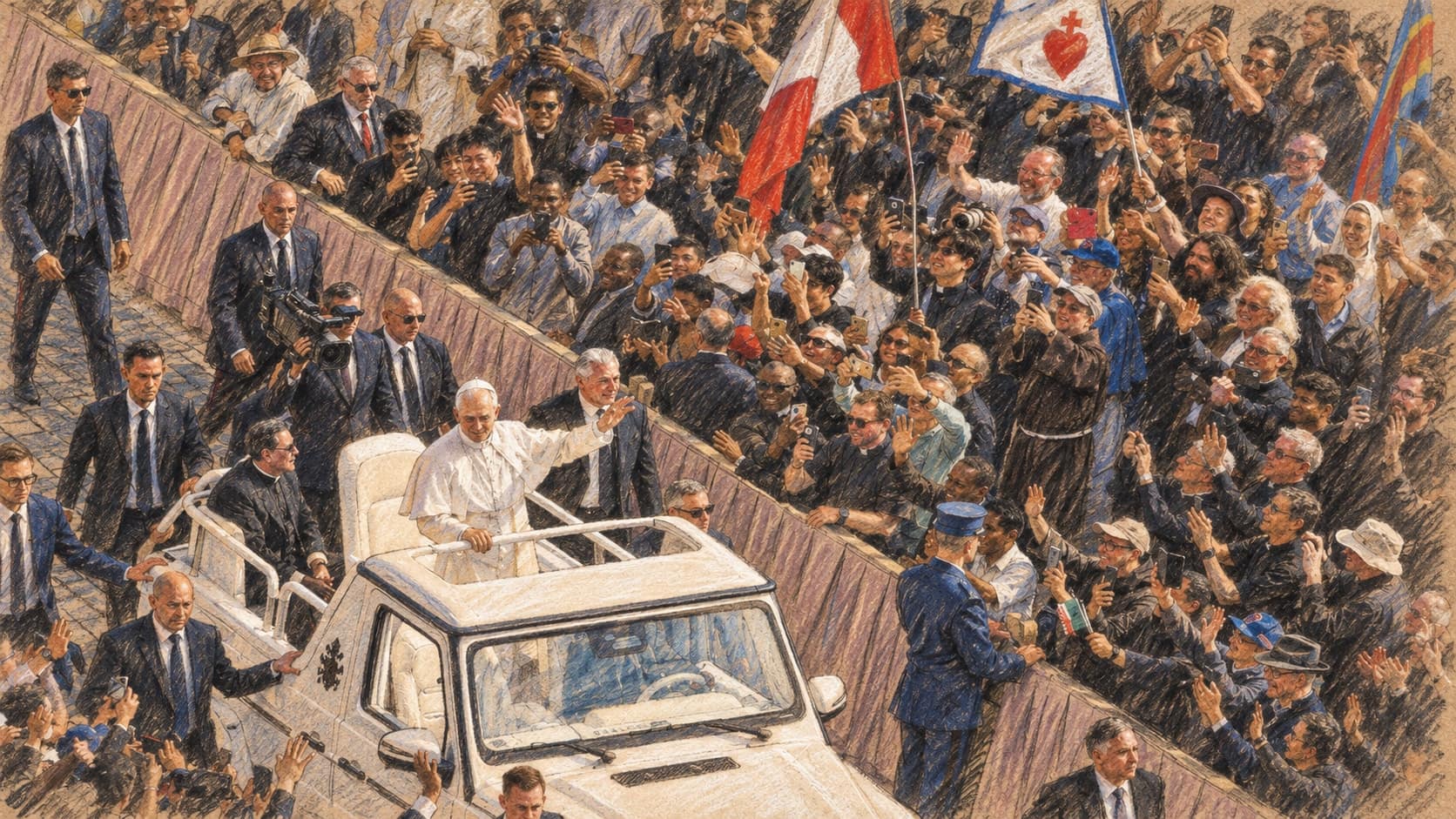 Courtroom-sketch editorial illustration of an archival May 2025 U.S. State Department photograph of Pope Leo XIV in white robes waving from an open white popemobile past a cheering crowd with phones and flags in St. Peter's Square on the day of his inauguration Mass, flanked by dark-suited security; contextual portrait, not his September 25, 2026 address at the Élysée Palace in Paris, rendered in warm ochre and slate-blue pastel strokes.