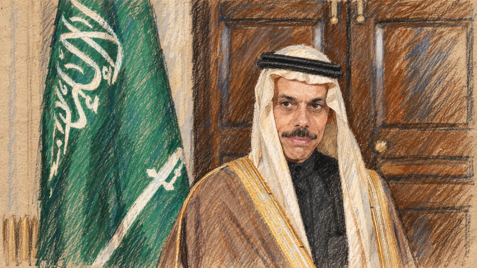 Courtroom-sketch editorial illustration of an archival January 2026 portrait of Saudi Foreign Minister Prince Faisal bin Farhan standing beside the Saudi flag in front of wooden double doors; contextual portrait, not the September 24, 2026 New York meeting with Pakistan's Ishaq Dar and Türkiye's Hakan Fidan, rendered in warm ochre and slate-blue pastel strokes.