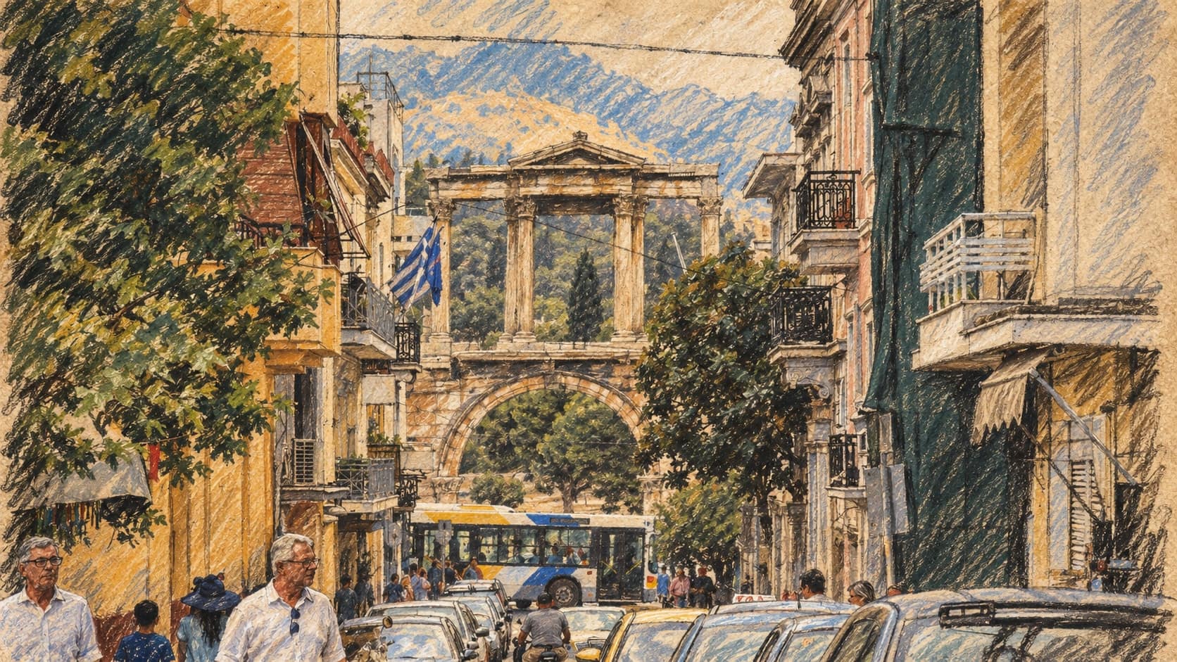 Courtroom-sketch editorial illustration of an archival July 2016 view down Lysikratous Street in Athens' Plaka district, neoclassical balconied buildings, trees, parked cars and pedestrians leading to the Arch of Hadrian beneath distant mountains; place context for the street, not the September 25, 2026 building collapse or the rescue operation, rendered in warm ochre and slate-blue pastel strokes.