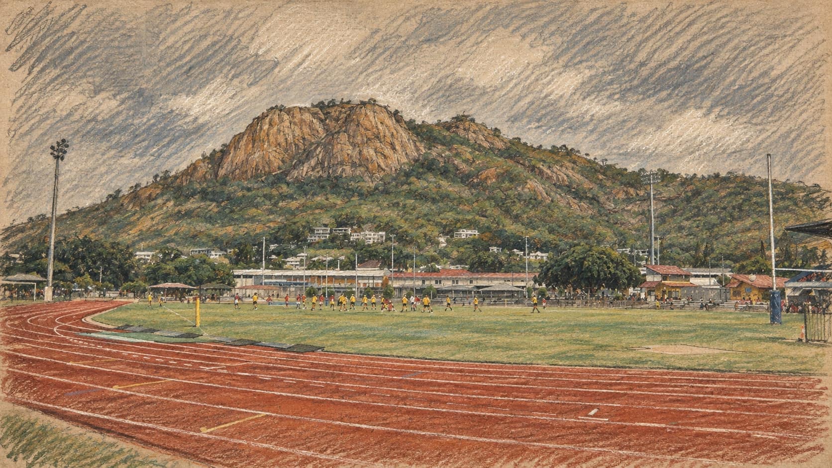 Courtroom-sketch editorial illustration of an archival June 2025 view of the Townsville Sports Reserve, a curving red running track around a grass field where small figures in yellow play beneath the rocky dome of Castle Hill under an overcast sky; host-city context for Townsville, not Queensland Country Bank Stadium or the September 25, 2026 Australia v Brazil match itself, rendered in warm ochre and slate-blue pastel strokes.