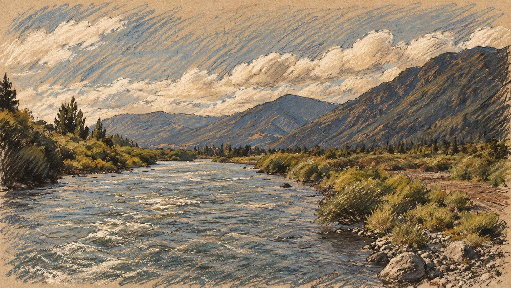 Courtroom-sketch editorial illustration of an archival 2011 summer view of the Trancura River near Pucón in Chile's La Araucanía region, a wide river running between shrub-lined banks toward forested mountains under billowing clouds; regional context for the river that overflowed and cut Route CH-199, not the September 2026 flooding itself, rendered in warm ochre and slate-blue pastel strokes.