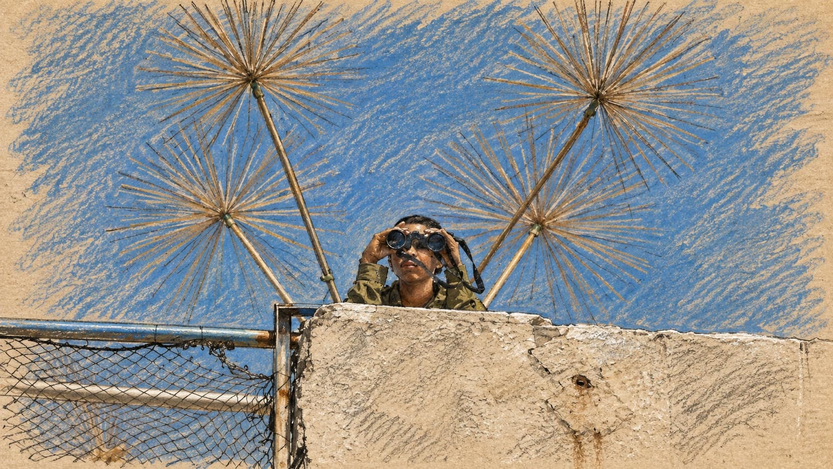 Courtroom-sketch editorial illustration of an archival 2019 photograph of an Israeli soldier scanning the horizon through binoculars from atop a concrete guard post, beneath tall spiky wire deterrents against a clear sky; general context for IDF guard posts, not the Beit Hanoun post or the soldiers killed in the September 24, 2026 drone explosion, rendered in warm ochre and slate-blue pastel strokes.