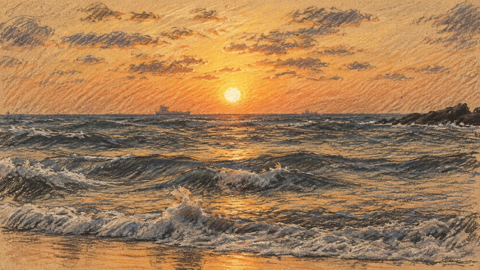 Courtroom-sketch editorial illustration of rough Mediterranean waves breaking onto an empty Ashkelon beach at sunset, a ship on the horizon; archival 2012 context view of the city's shoreline, not the September 2026 drownings or search, rendered in warm ochre and slate-blue pastel strokes.