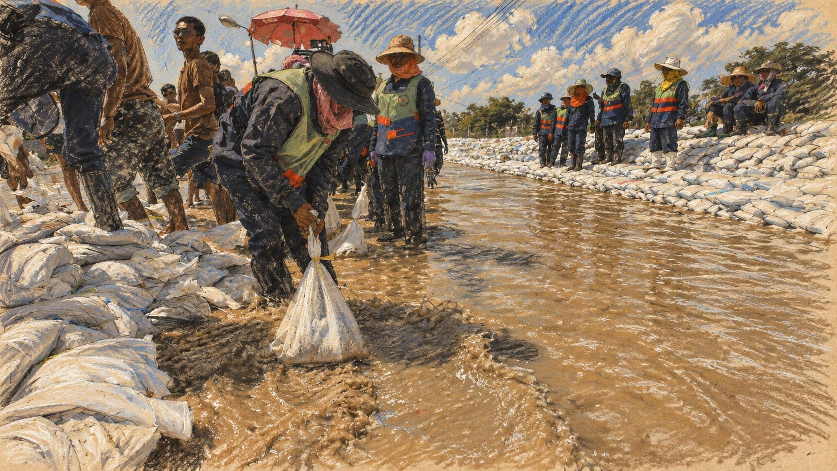 Courtroom-sketch editorial illustration of an archival October 2011 U.S. Marine Corps photo of volunteers and Thai soldiers laying white sandbags in brown floodwater along a canal road in Bangkok's Sai Mai district during the 2011 floods; historical context for Bangkok flooding, not the September 2026 disaster declaration, rendered in warm ochre and slate-blue pastel strokes.