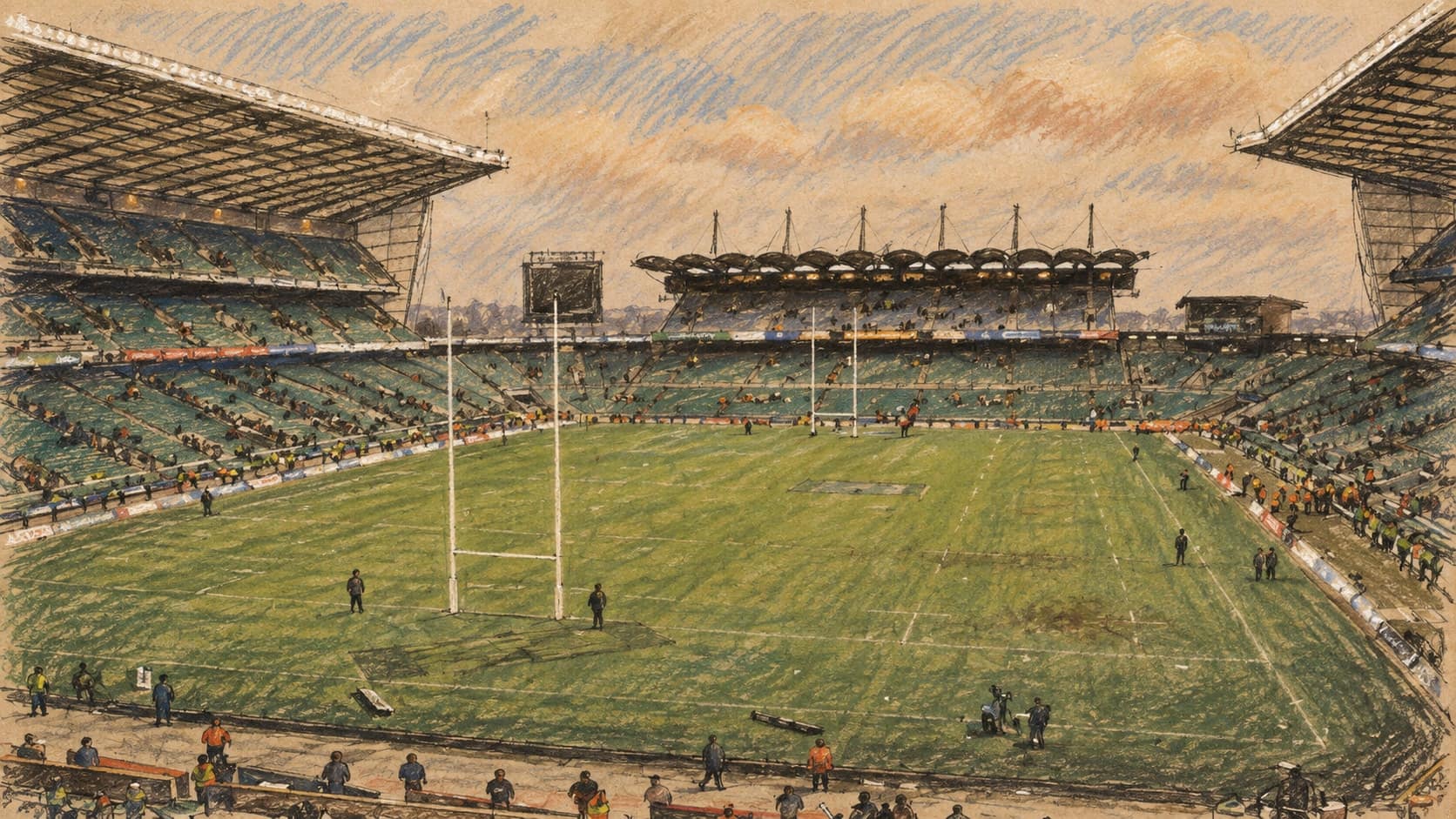 Courtroom-sketch editorial illustration of an archival early-2000s view from the stands of Twickenham Stadium in London, white rugby goalposts on the green pitch between roofed tiered stands under a dusk sky; venue context, not the September 26, 2026 England v Black Ferns test itself, rendered in warm ochre and slate-blue pastel strokes.