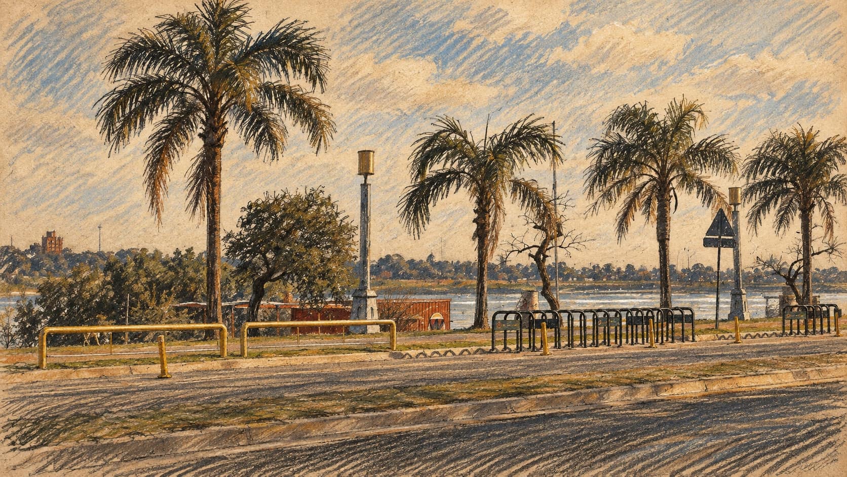 Courtroom-sketch editorial illustration of an archival August 2022 view of the Costanera Este promenade in Santa Fe, Argentina, with palm trees, a lamp post, yellow railings and bike racks beside Laguna Setúbal; host-city context, not the South American Games or their September 26, 2026 closing ceremony, rendered in warm ochre and slate-blue pastel strokes.