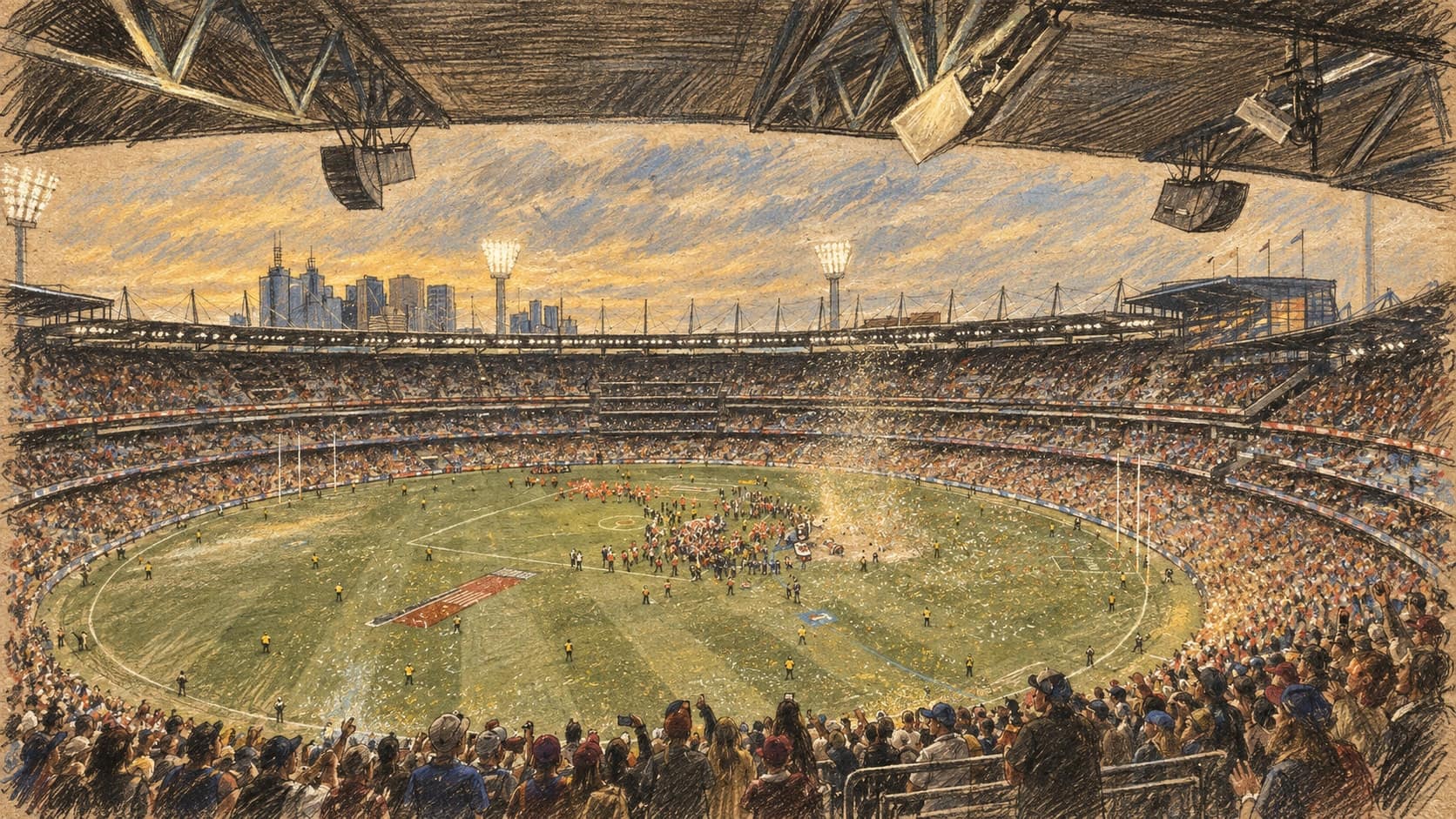 Courtroom-sketch editorial illustration of an archival September 2024 view from high in the Melbourne Cricket Ground stands as players gather amid confetti on the oval after Brisbane's 2024 AFL Grand Final win, the first of its three straight titles, with fans and the city skyline beyond; context only, not the 2026 Grand Final itself, rendered in warm ochre and slate-blue pastel strokes.