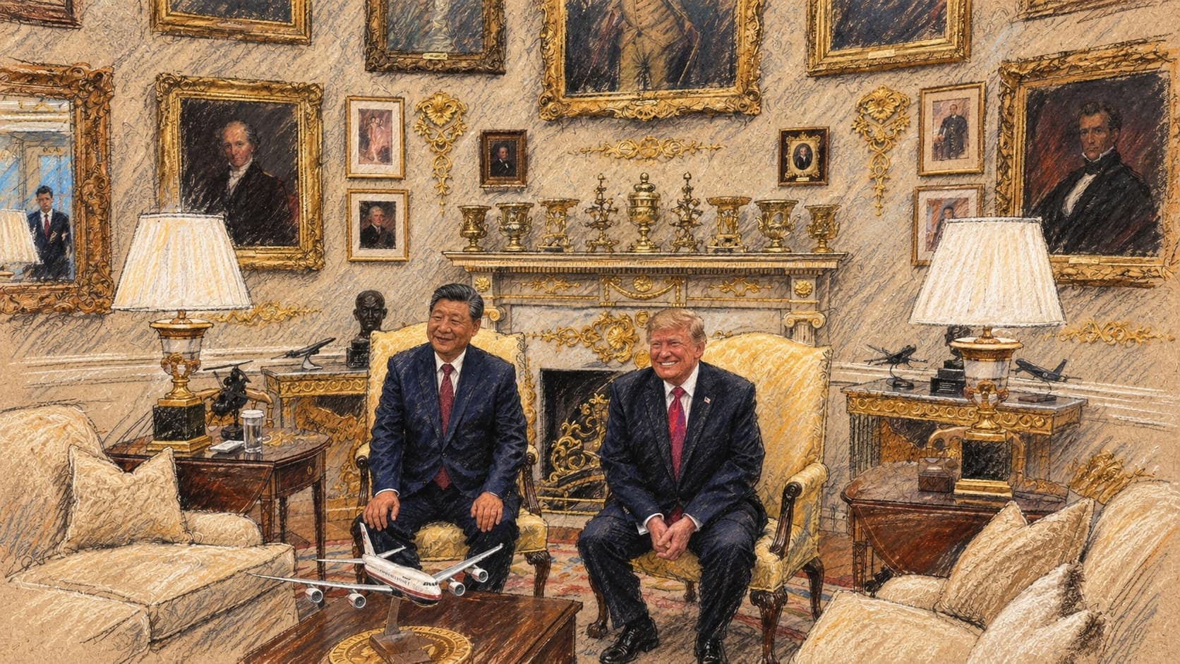 Courtroom-sketch editorial illustration of Xi Jinping and Donald Trump seated side by side in gold armchairs before the Oval Office fireplace during Xi's September 24, 2026 White House visit, surrounded by gilt-framed portraits, lamps and cream sofas, rendered in warm ochre and slate-blue pastel strokes.