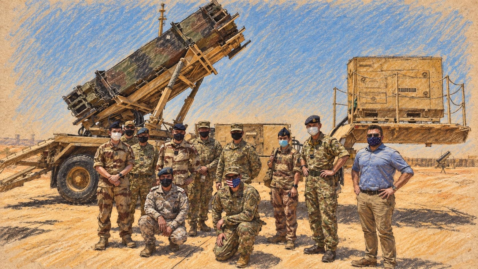 Courtroom-sketch editorial illustration of masked allied officers posing before a raised Patriot air-defense launcher at Prince Sultan Air Base in Saudi Arabia; archival 2020 context view, not the September 2026 interceptions, rendered in warm ochre and slate-blue pastel strokes.